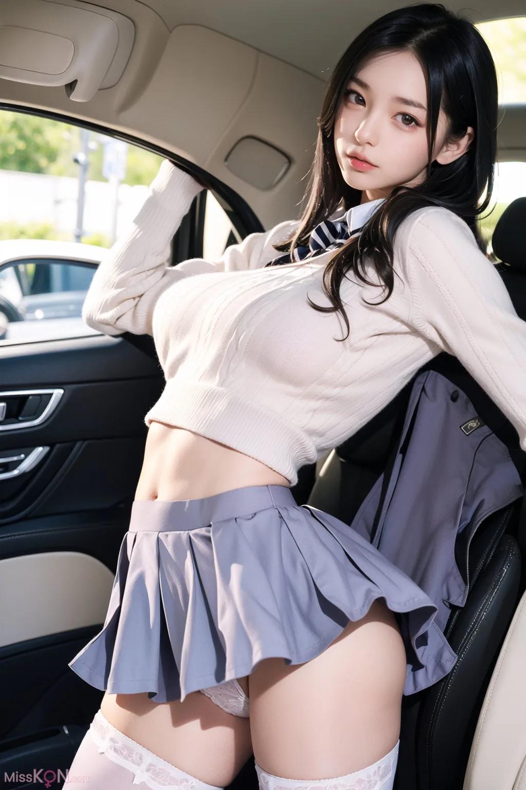 Bộ ảnh (160 ảnh) AI tạo - Cô gái AI xinh đẹp trong xe ô tô với tất chân ren lộ da