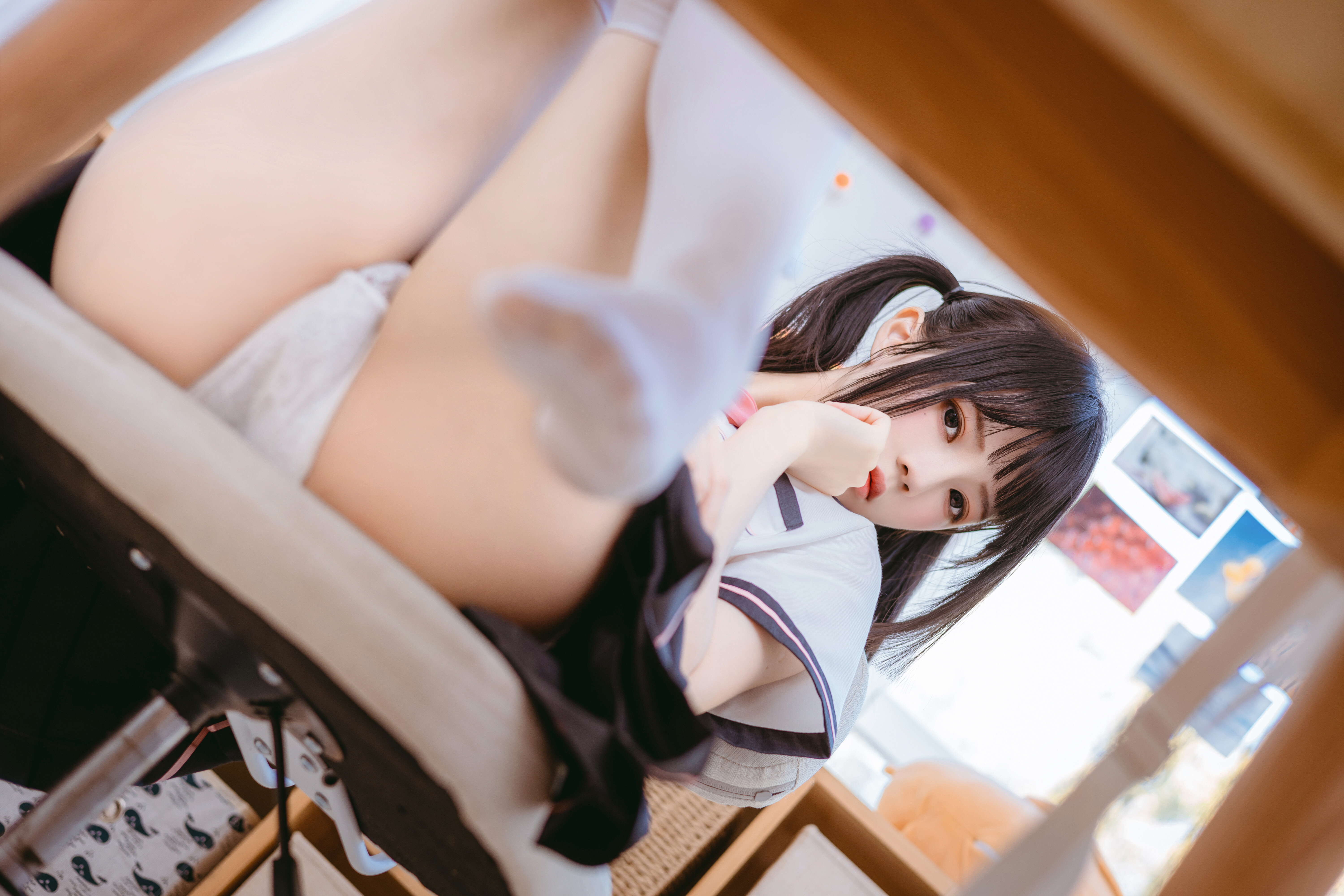 Anh đào mèo #tóc trắng #đuôi ngựa đôi #ren #chân đẹp #tuyệt đẹp