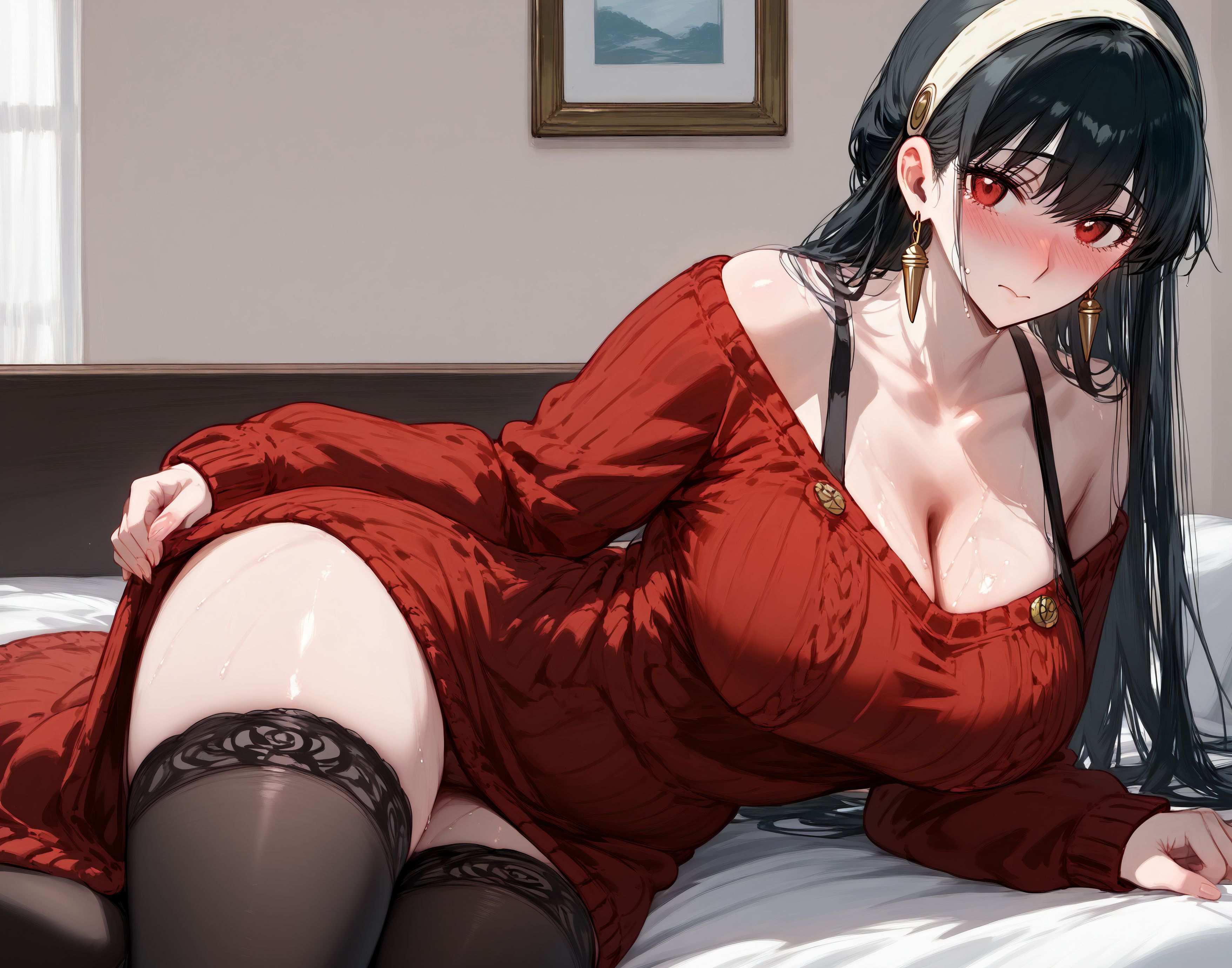 AI 生成 - 動漫女孩 Yor Forger 紅裙黑絲蕾絲吊帶襪 致命誘惑臥室系列 185P