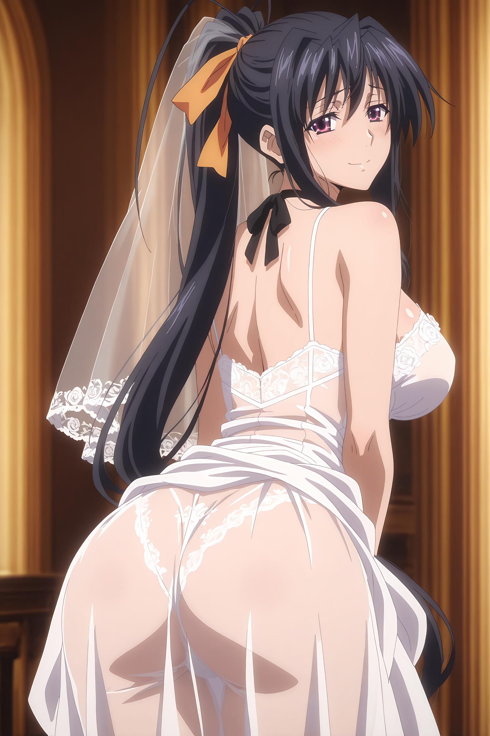 AI Generated Anime Girl - [2D] Himejima Akeno in Black Hair Miko Outfit with Open-Crotch Stockings - 32P