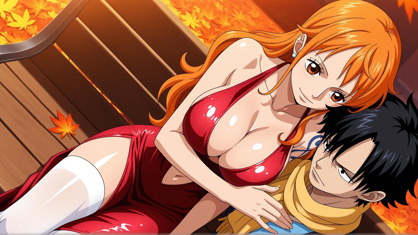 「AI生成アニメ少女 - 娜美 Nami 橙髪ビキニ巨乳航海士 黒スト開脚肉感無修正 92P」
