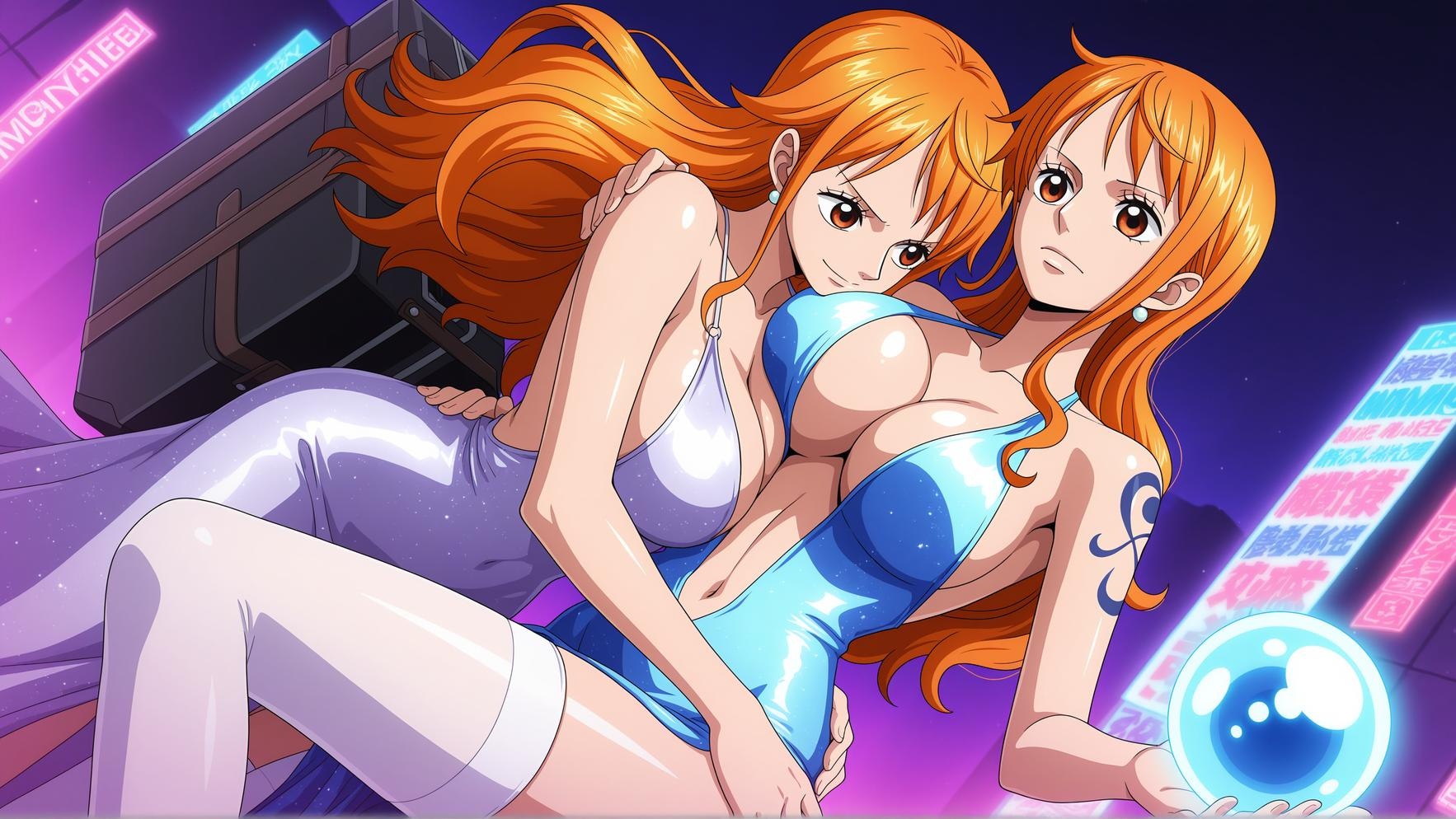 「AI生成アニメ少女 - 娜美 Nami 橙髪ビキニ巨乳航海士 黒スト開脚肉感無修正 92P」