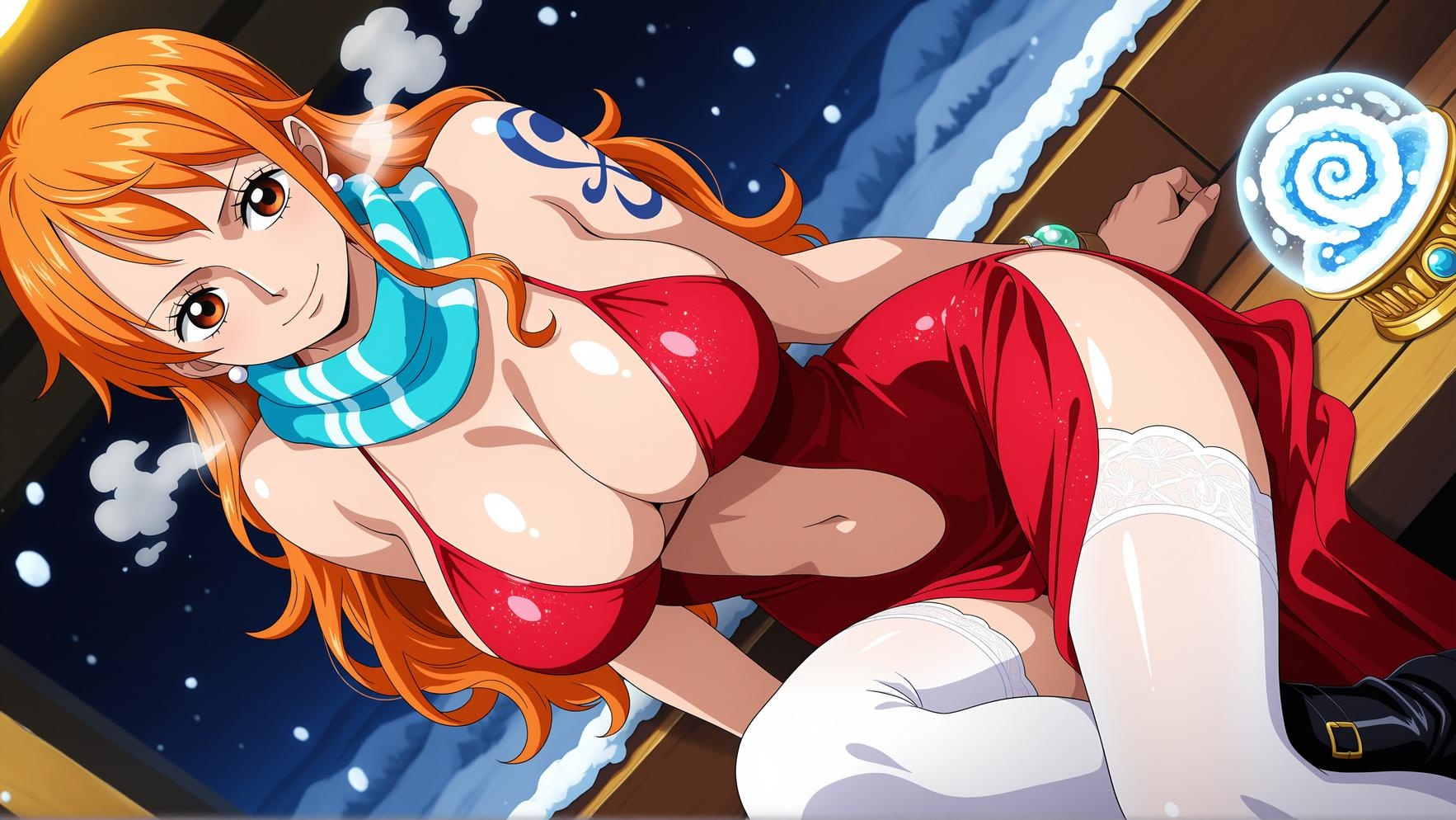 「AI生成アニメ少女 - 娜美 Nami 橙髪ビキニ巨乳航海士 黒スト開脚肉感無修正 92P」