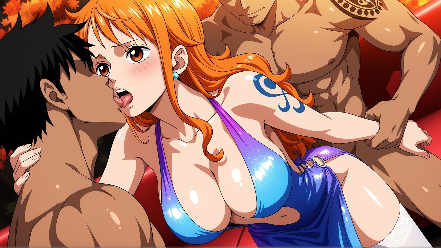 「AI生成アニメ少女 - 娜美 Nami 橙髪ビキニ巨乳航海士 黒スト開脚肉感無修正 92P」