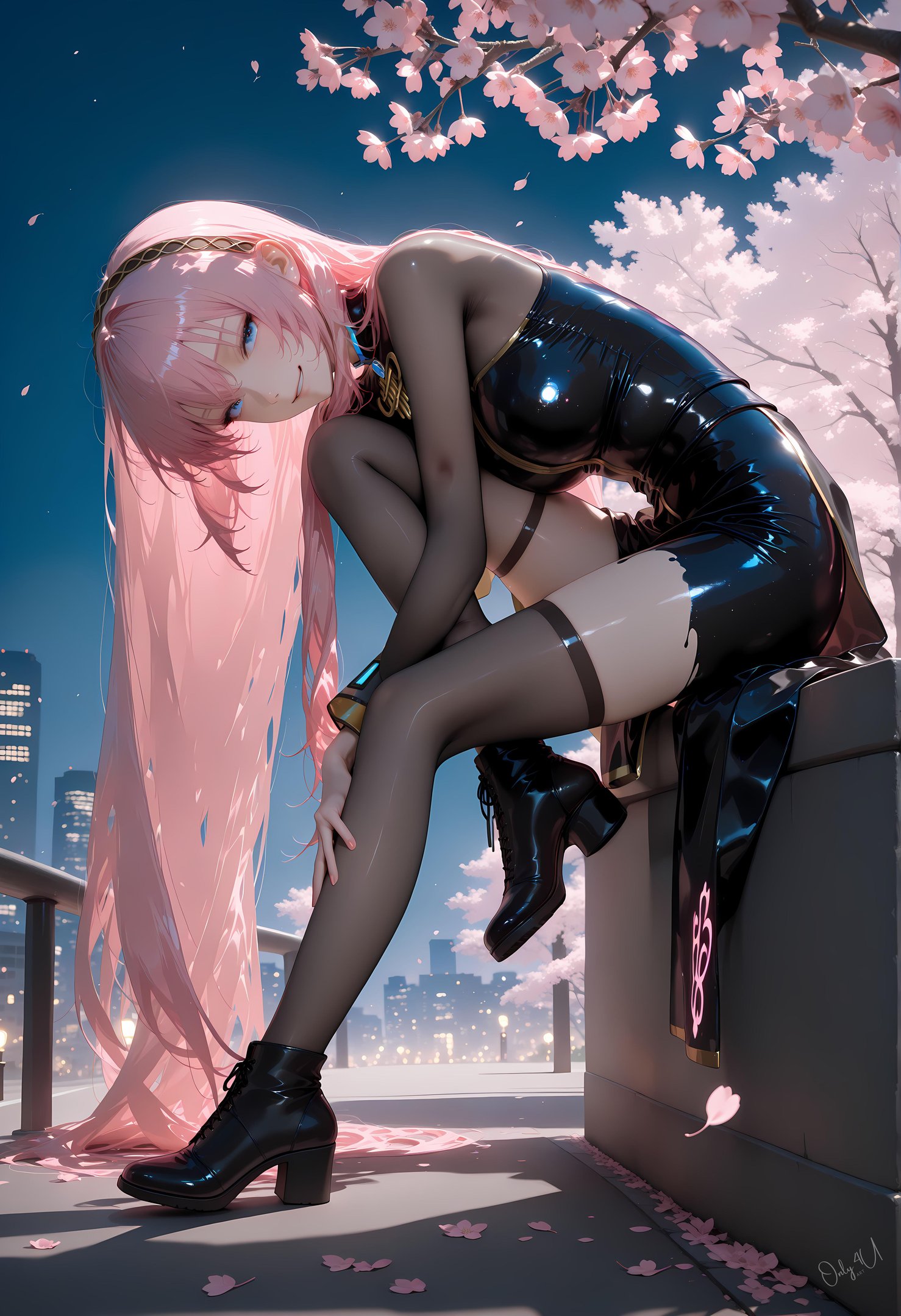 Cô Gái Anime Tạo Ra Bằng AI - 巡音流歌 Megurine Luka Cô Gái Hát Tóc Hồng Trong Áo Da Mở Khóa Với Tất Đen 62P