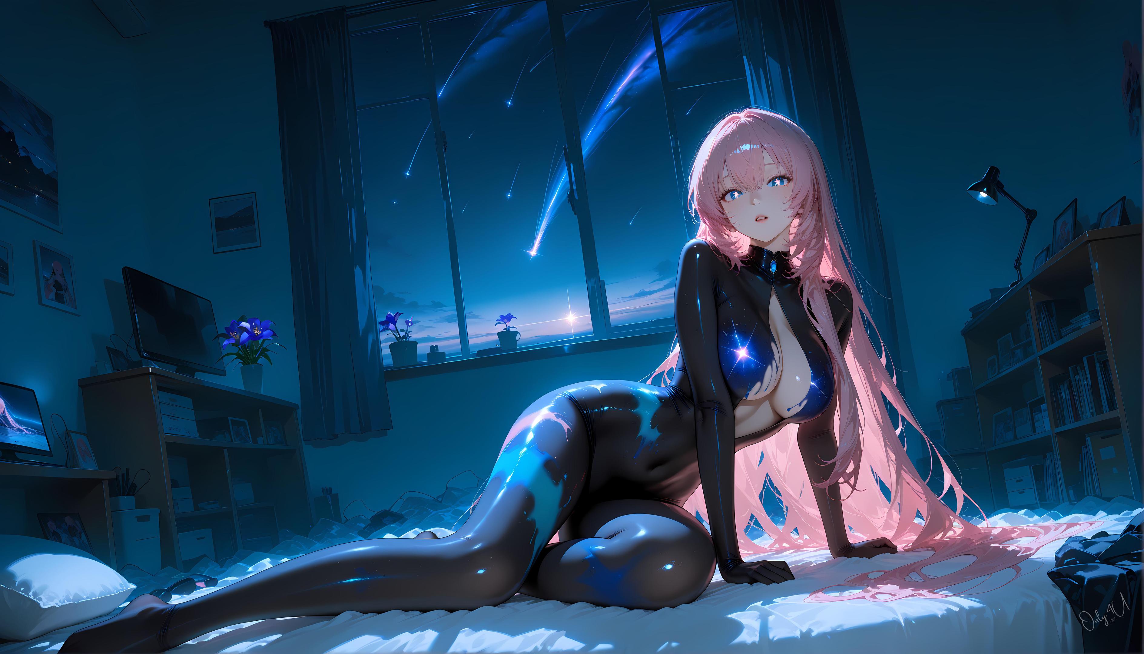 Cô Gái Anime Tạo Ra Bằng AI - 巡音流歌 Megurine Luka Cô Gái Hát Tóc Hồng Trong Áo Da Mở Khóa Với Tất Đen 62P