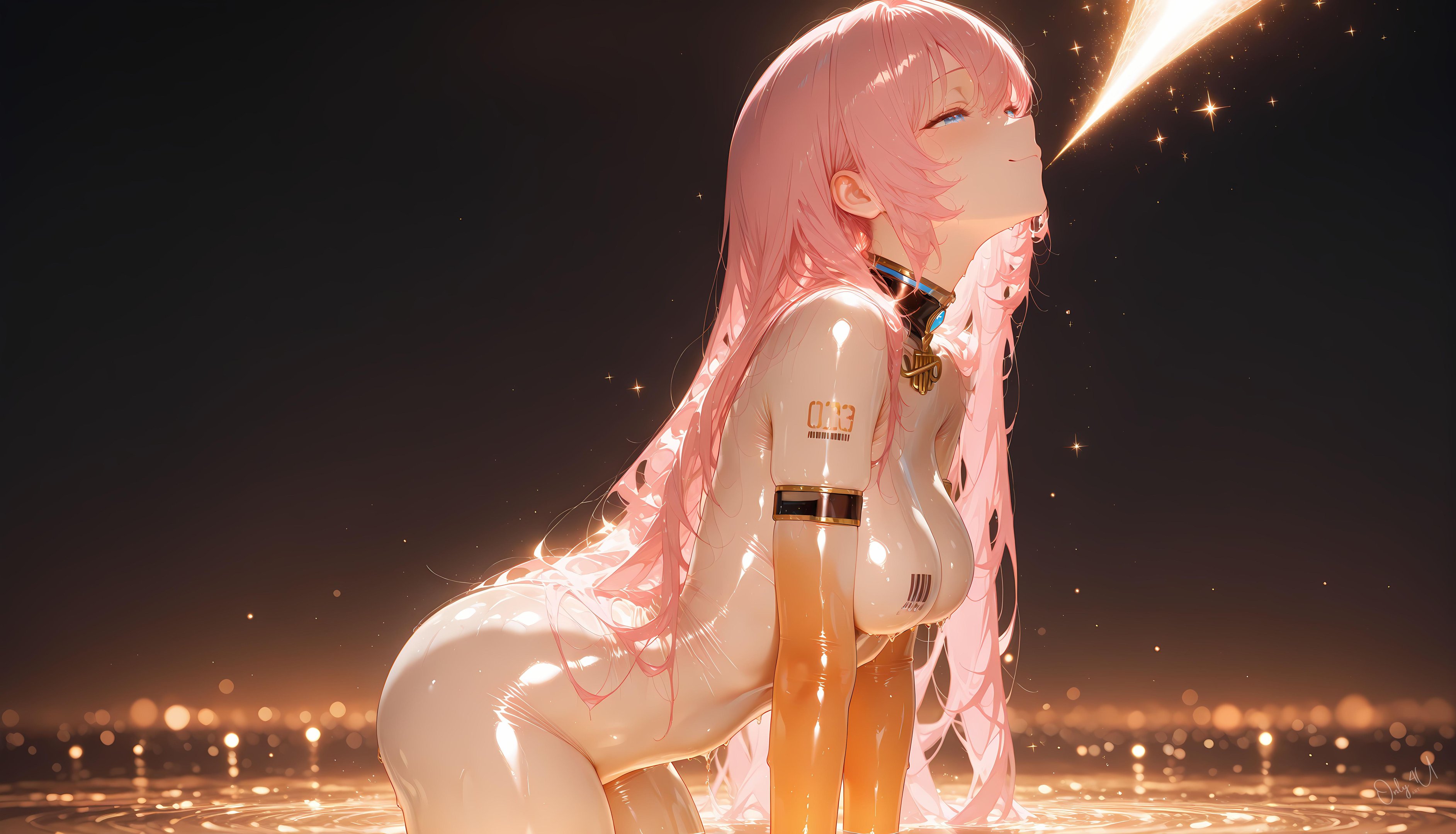 AI Generated Anime Girl - Megurine Luka in Pink Hair, Leather Outfit, and Black Stockings: Tentacle Training, Uncensored 62P
