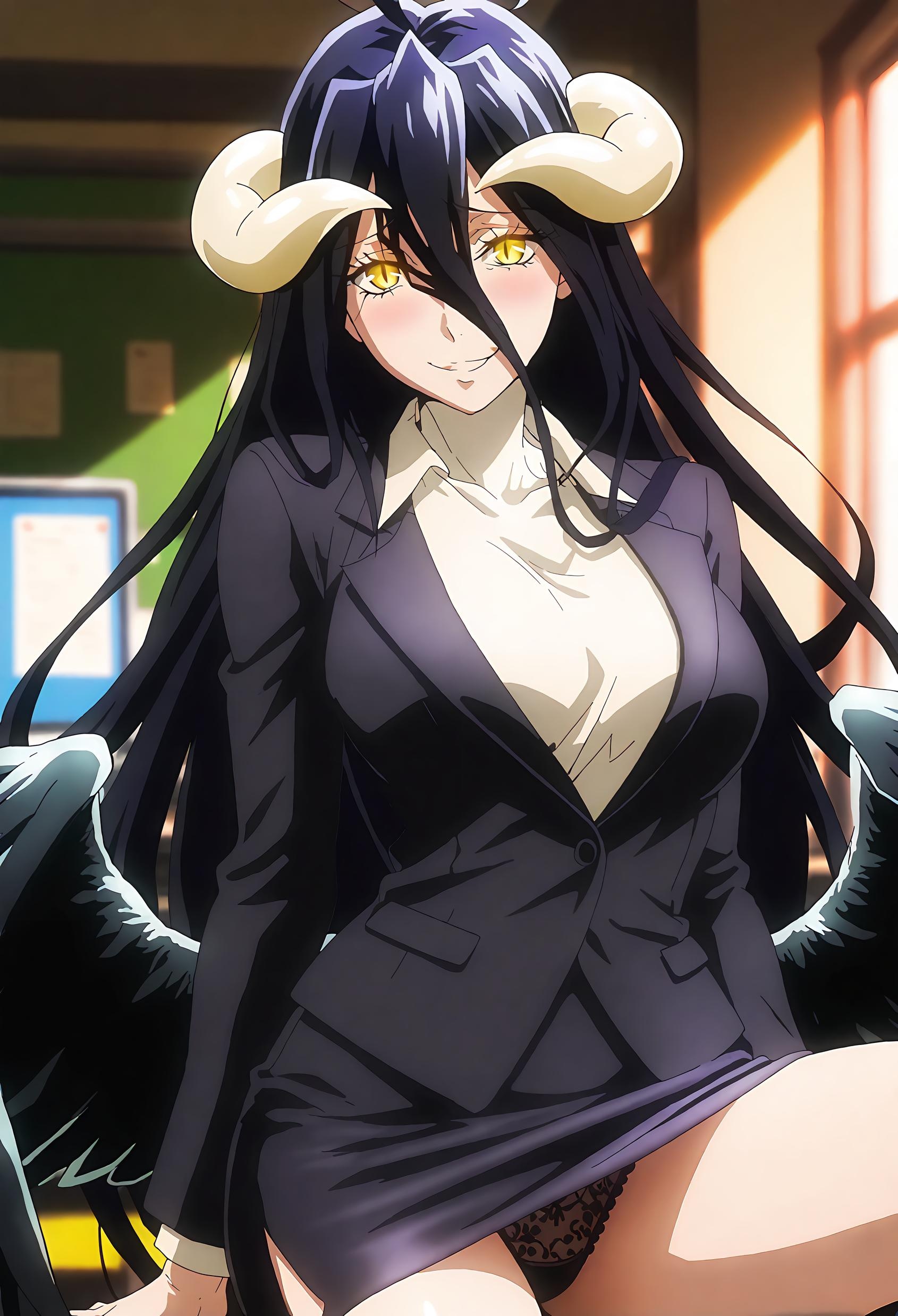 AI Generated Anime Girl - Albedo: Pure White Demon Maid in Black Stockings, Wings Fully Spread, Unedited Curves, 49P