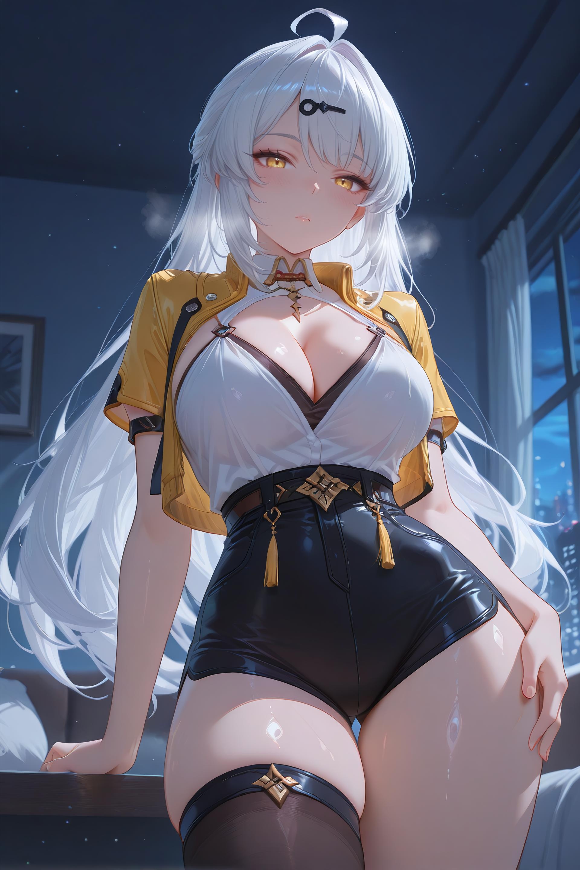 AI生成アニメ少女 - [3D] Yixuan 銀髪巨乳お姉さん 黒ストッキング開脚肉感 極致無修正 175P+2G