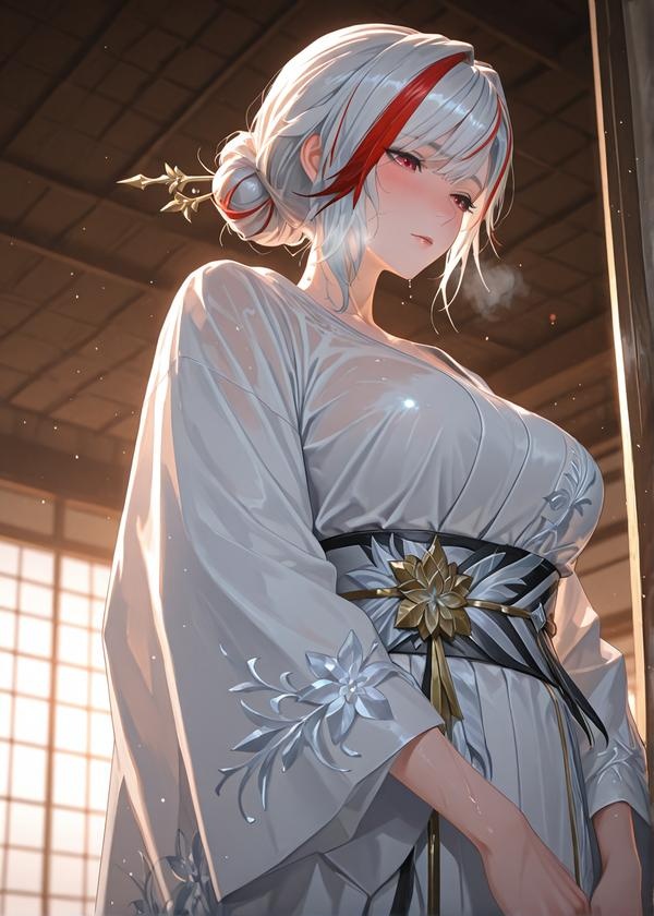 AI Generated Anime Girl - Yukino Mae (Genshin Impact) White-Haired Ice Elemental Beauty in Kimono with Ripped Black Stockings, Ultimate Sensuality Unedited 371P + 649M