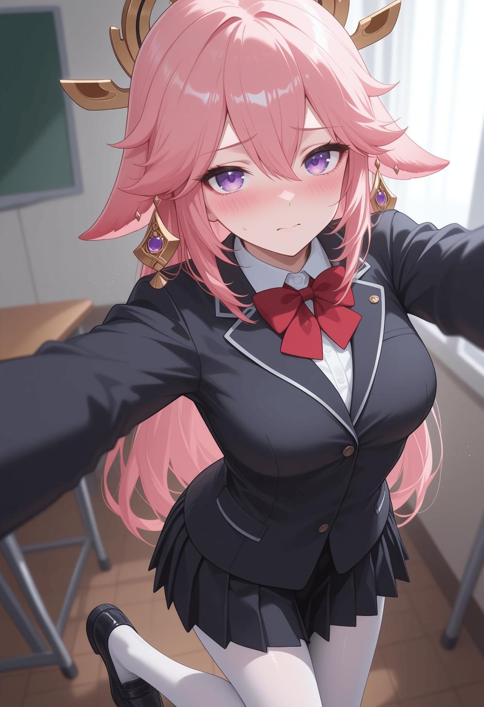 AI-Generated Anime Girl - [2.5D] Yae Miko with Pink Hair, Fox Ears, and Revealing Outfit, Tail Wrapped, Uncensored 140P
