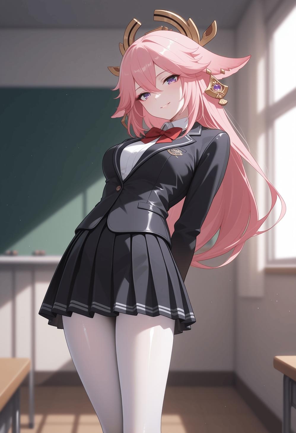 AI-Generated Anime Girl - [2.5D] Yae Miko with Pink Hair, Fox Ears, and Revealing Outfit, Tail Wrapped, Uncensored 140P