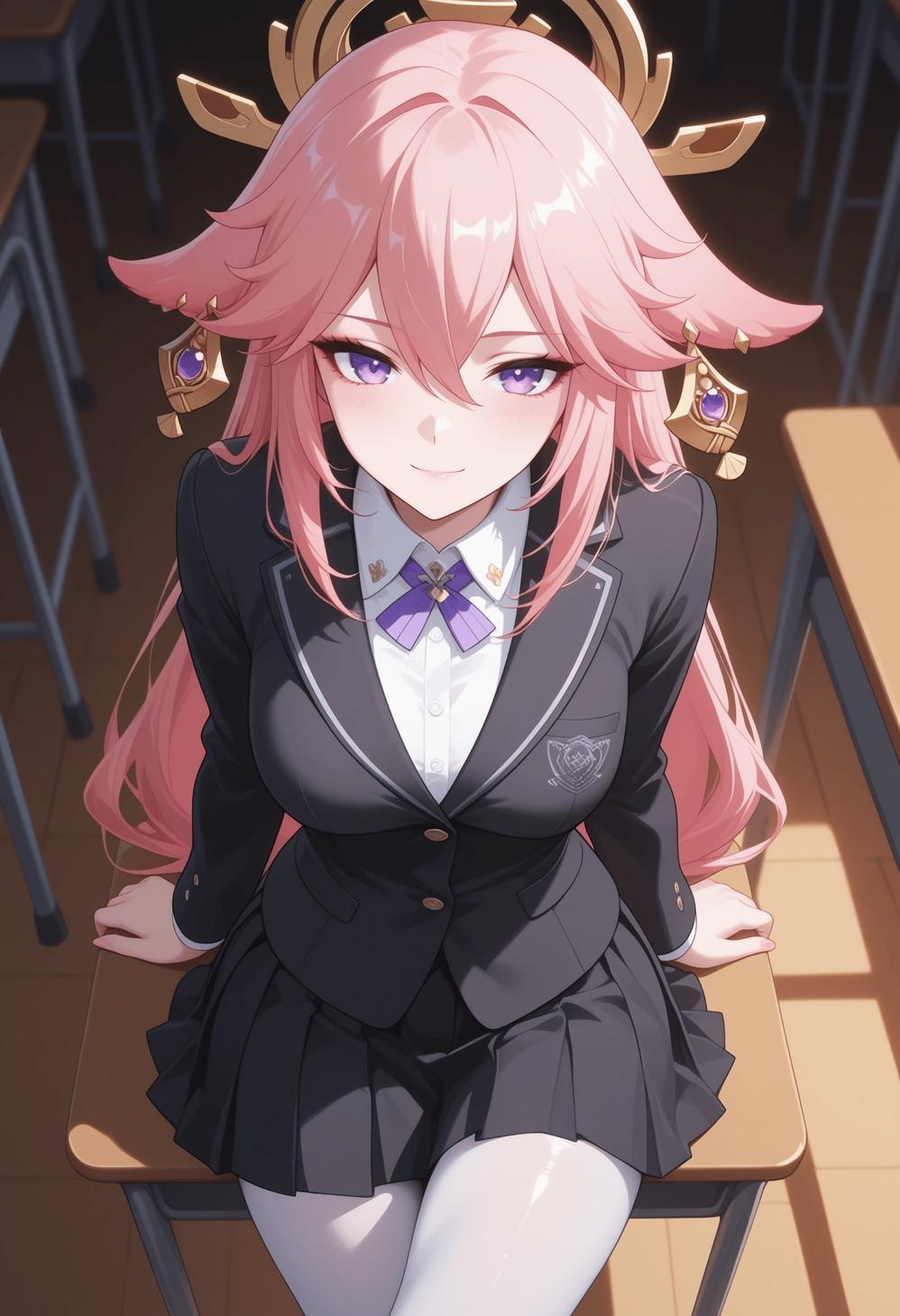 AI-Generated Anime Girl - [2.5D] Yae Miko with Pink Hair, Fox Ears, and Revealing Outfit, Tail Wrapped, Uncensored 140P