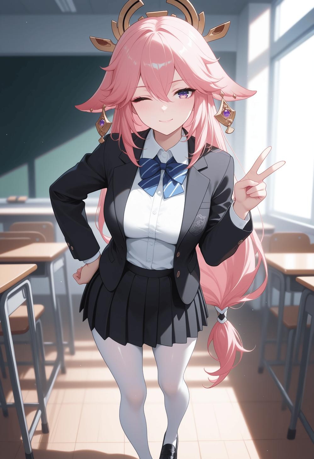 AI生成アニメ少女 - [2.5D] 八重神子 Yae Miko 粉髪狐耳巫女装開脚黒ストッキング 尾巴絡み肉感無修正 140P