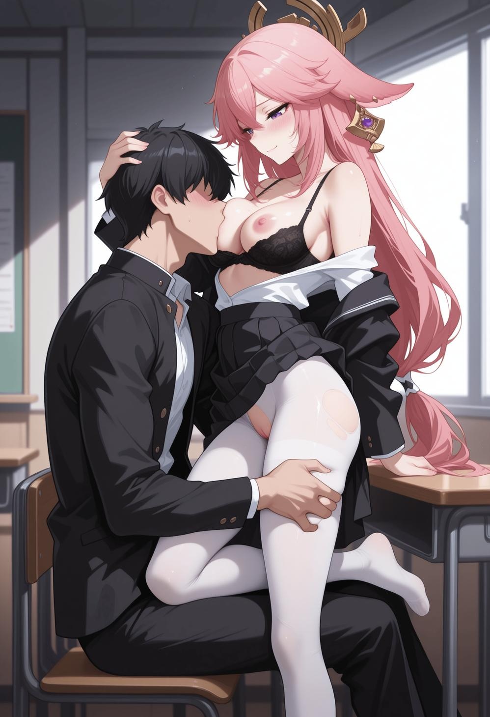 AI生成アニメ少女 - [2.5D] 八重神子 Yae Miko 粉髪狐耳巫女装開脚黒ストッキング 尾巴絡み肉感無修正 140P