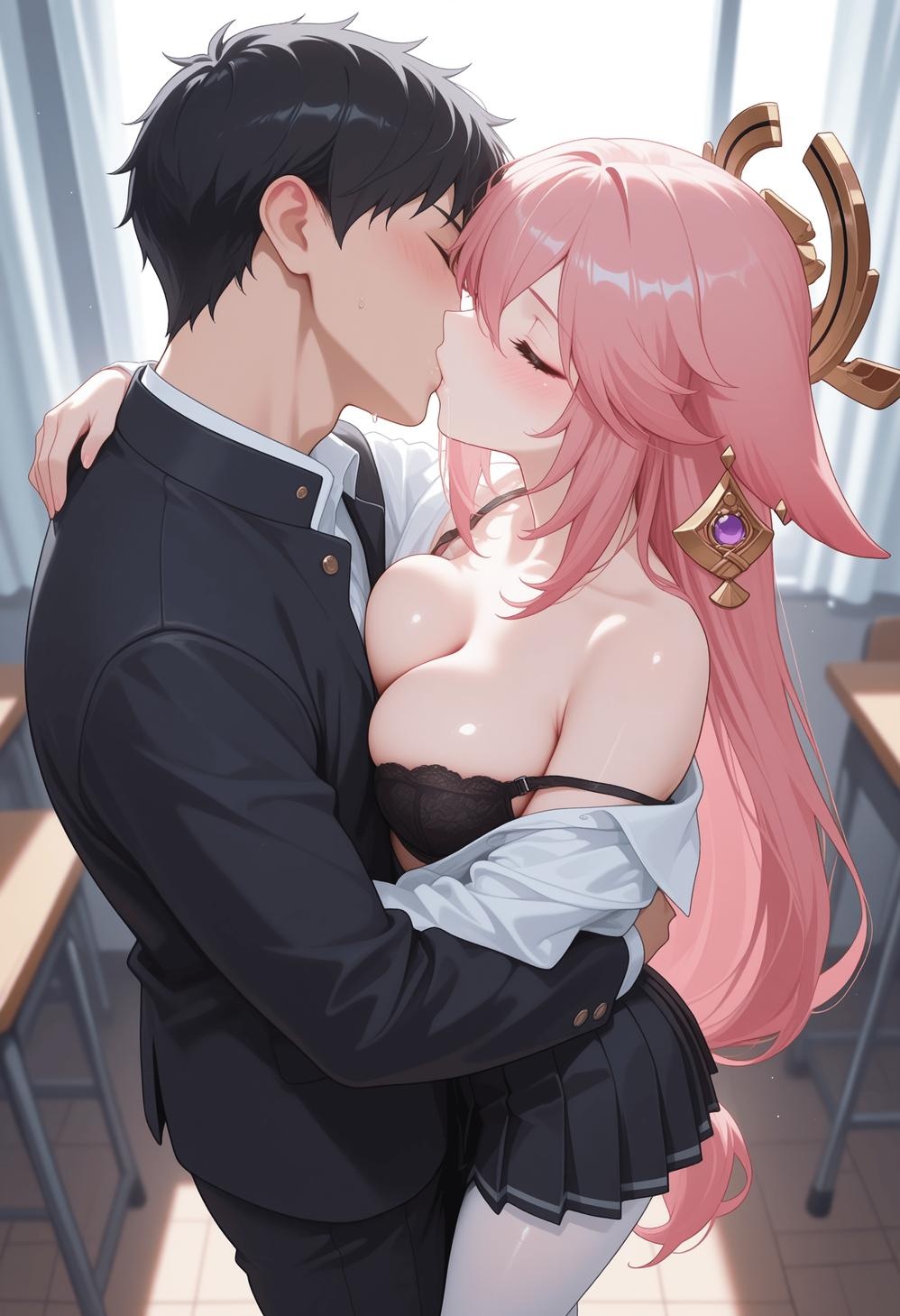 AI生成アニメ少女 - [2.5D] 八重神子 Yae Miko 粉髪狐耳巫女装開脚黒ストッキング 尾巴絡み肉感無修正 140P