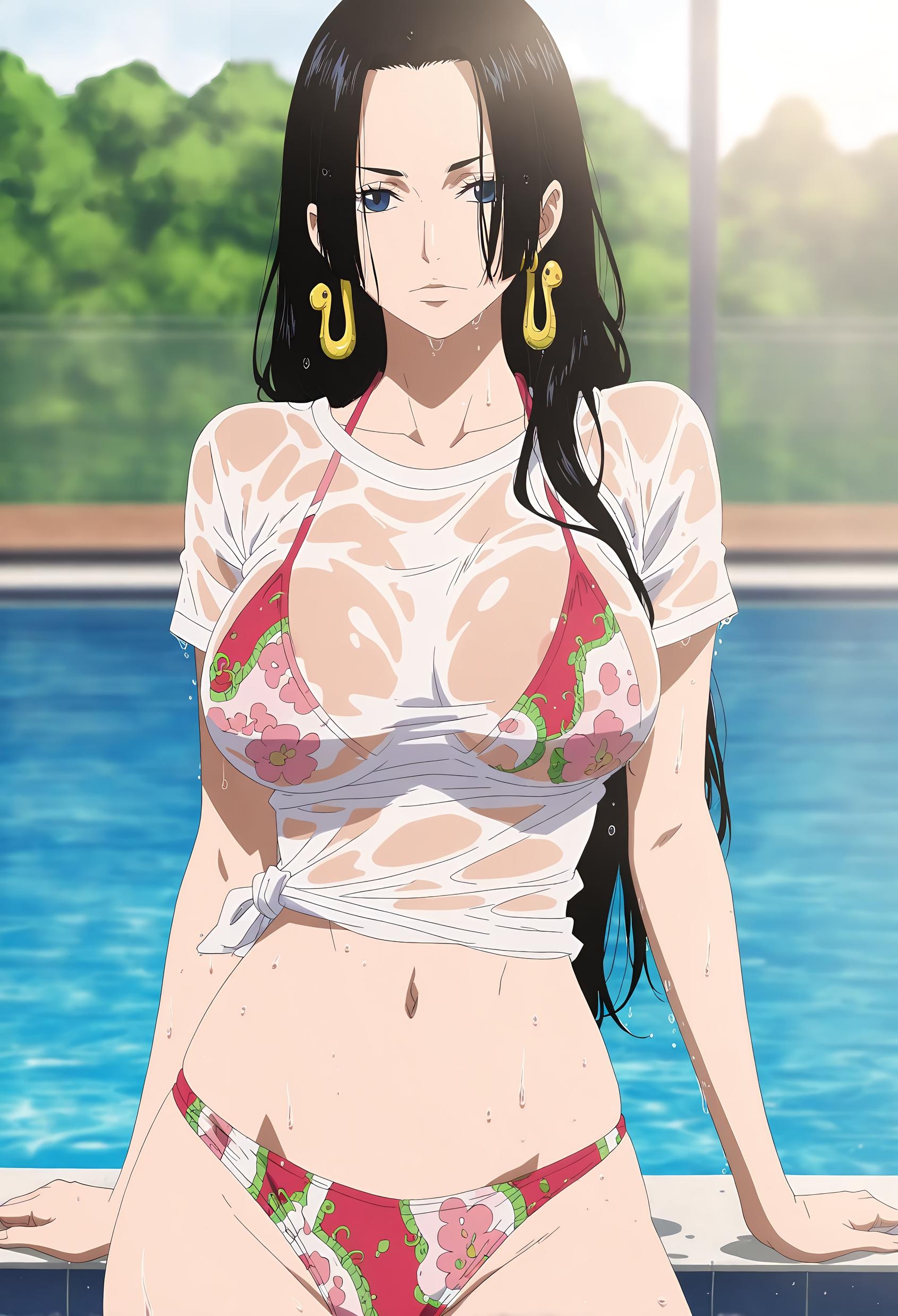 AI Generated Anime Girl - [2D] 波雅·汉库克 Boa Hancock 黑发女帝巨乳蛇姬 红裙开档黑丝 女王肉感无修正 54P