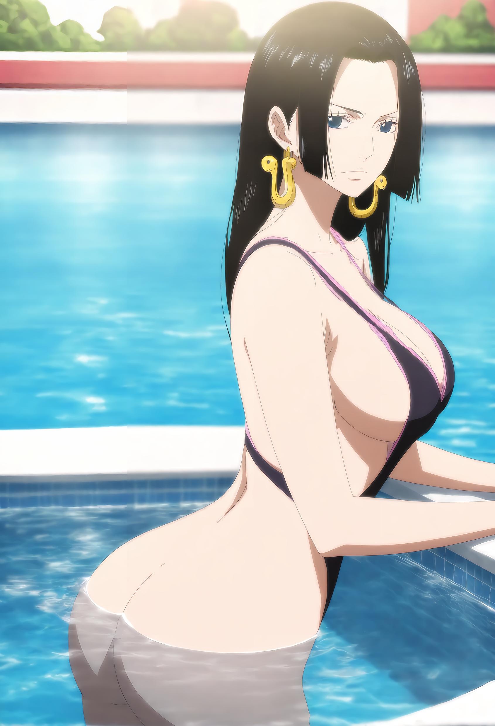 AI-Generated Anime Girl - [2D] Boa Hancock: Black-Haired Empress with Curves in a Red Dress and Black Stockings - 54P
