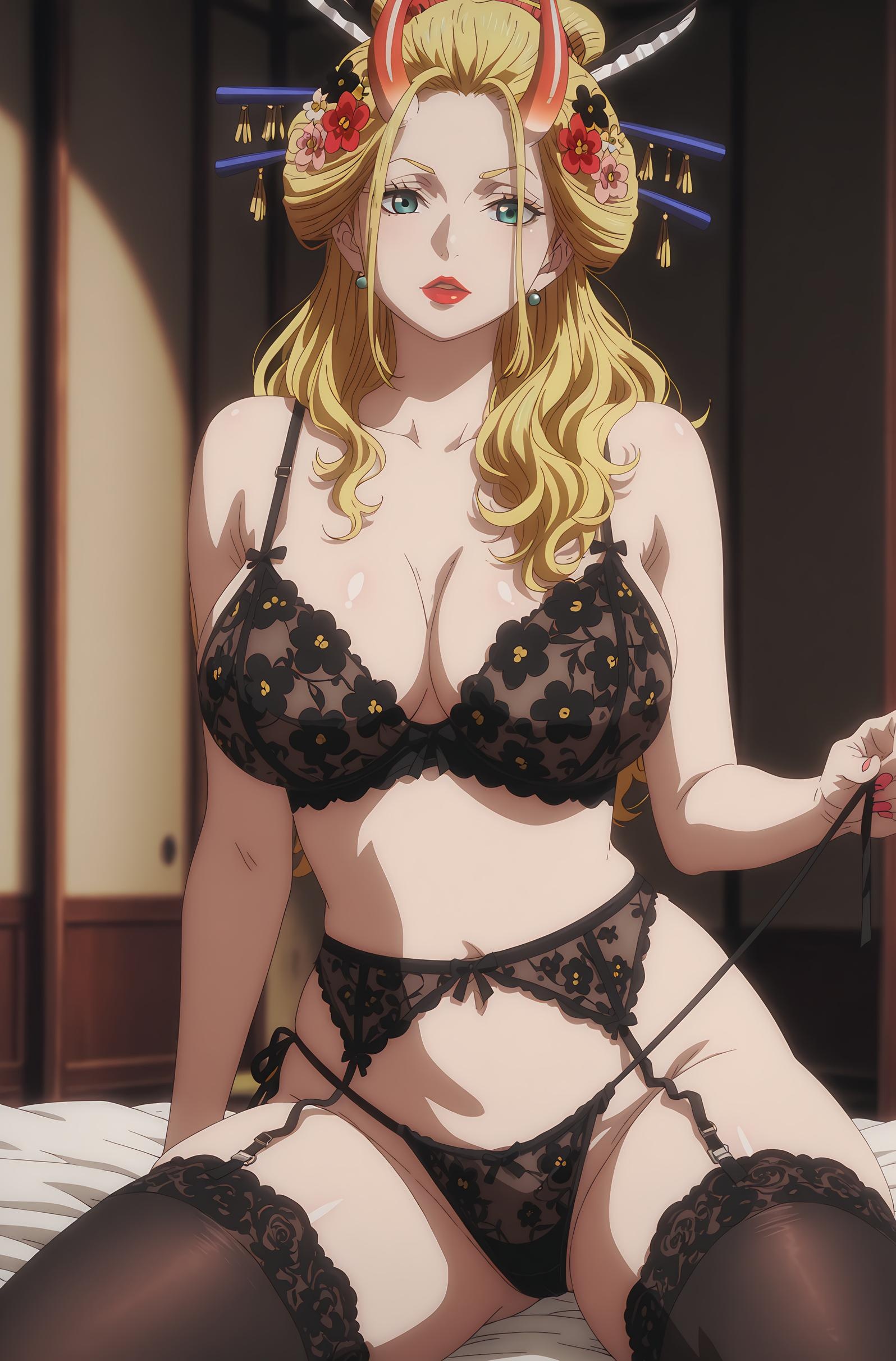 AI 생성 애니메이션 소녀 - [2D] 흑색 마리아 금발 거유 귀여운 요괴 기모노 거미 하체 개방 블랙 스타킹 불꽃 속박 육감 무수정 72P