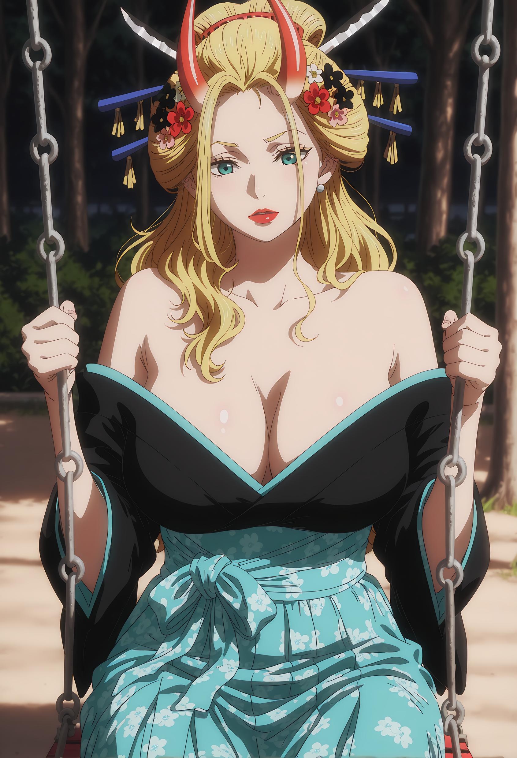 AI 생성 애니메이션 소녀 - [2D] 흑색 마리아 금발 거유 귀여운 요괴 기모노 거미 하체 개방 블랙 스타킹 불꽃 속박 육감 무수정 72P