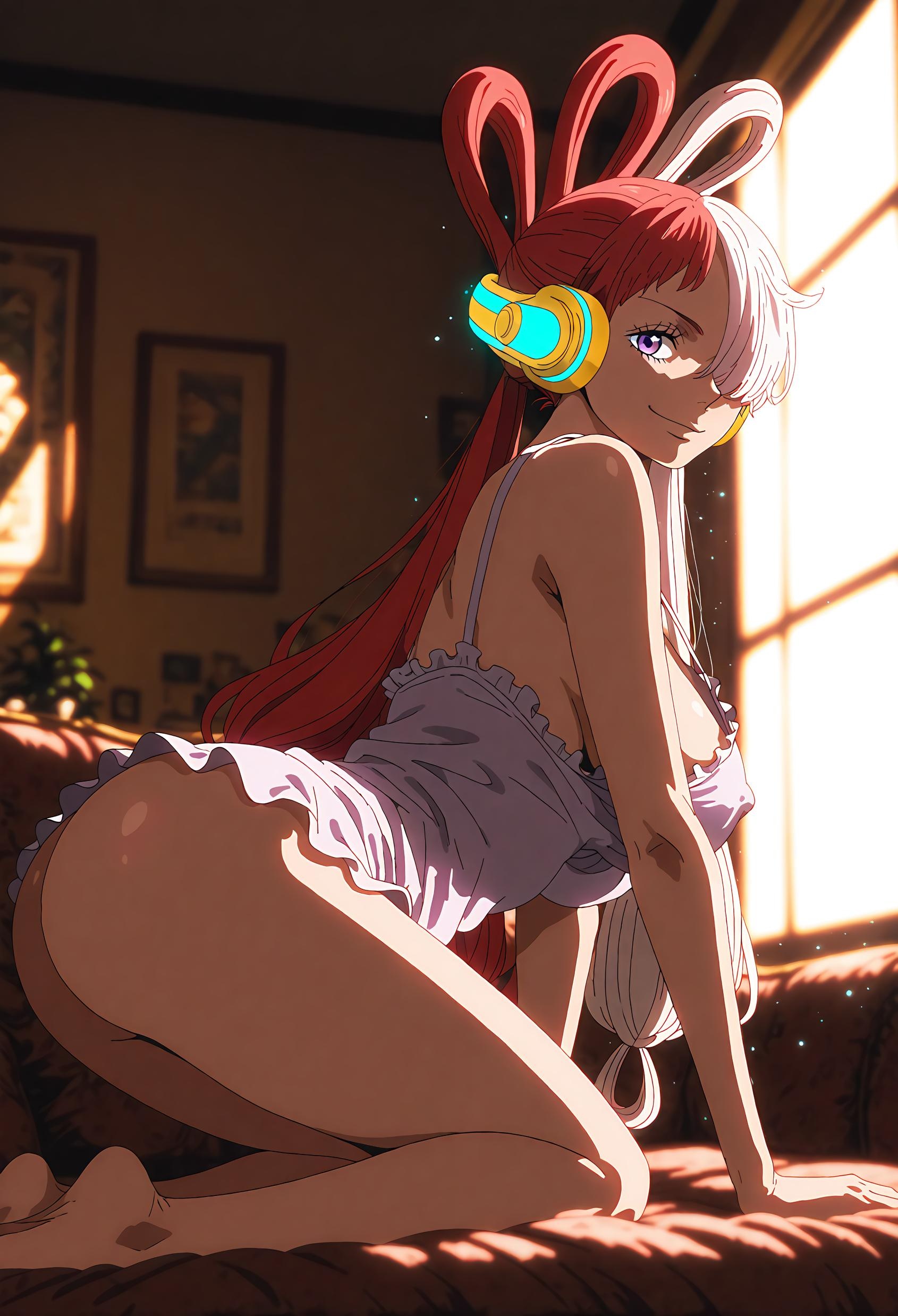 AI Generated Anime Girl - [2D] Uta (One Piece: Red-Haired Songstress) Ripped Stage Outfit, Black Stockings, Musical Temptation, Uncensored 47P