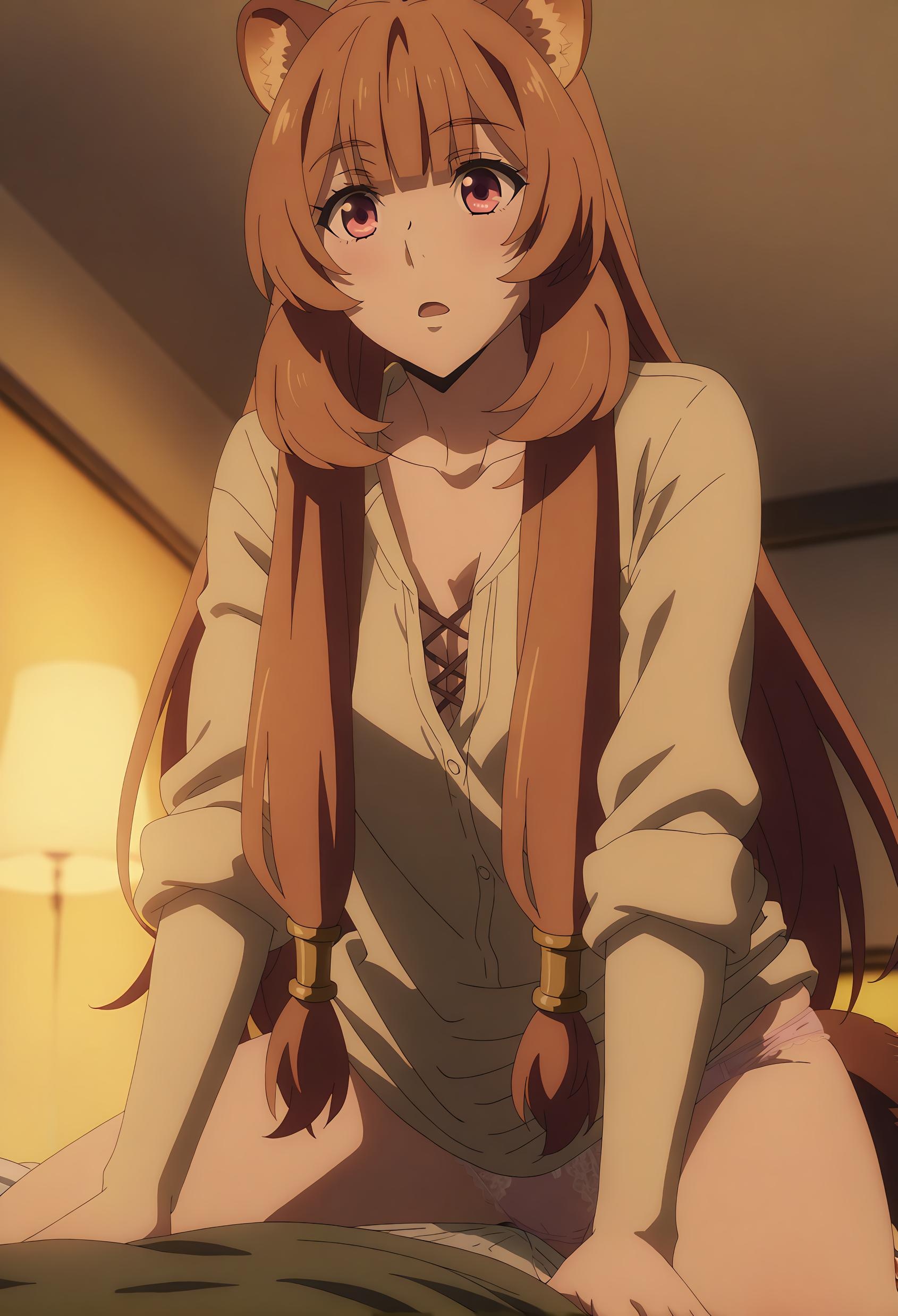 AI Generated Anime Girl - [2D] Raphtalia (The Rising of the Shield Hero) Brown-Haired Beast-Eared Busty Slave Girl in Black Stockings, Tail Entwined, Uncensored 189P