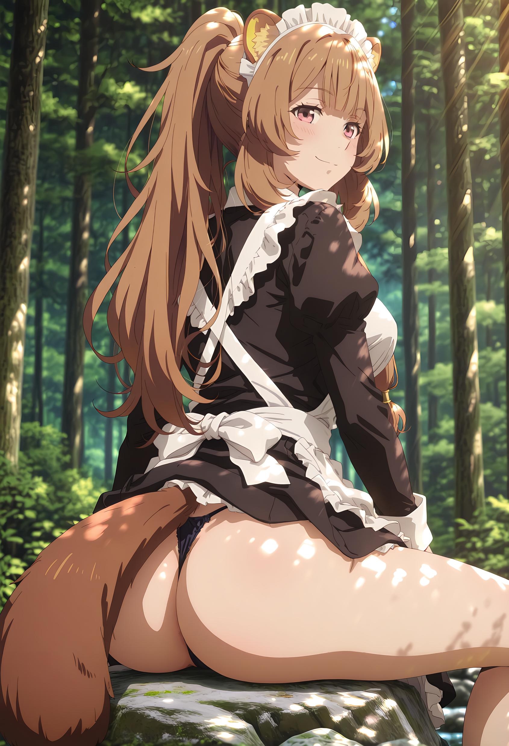 AI Generated Anime Girl - [2D] Raphtalia (The Rising of the Shield Hero) Brown-Haired Beast-Eared Busty Slave Girl in Black Stockings, Tail Entwined, Uncensored 189P