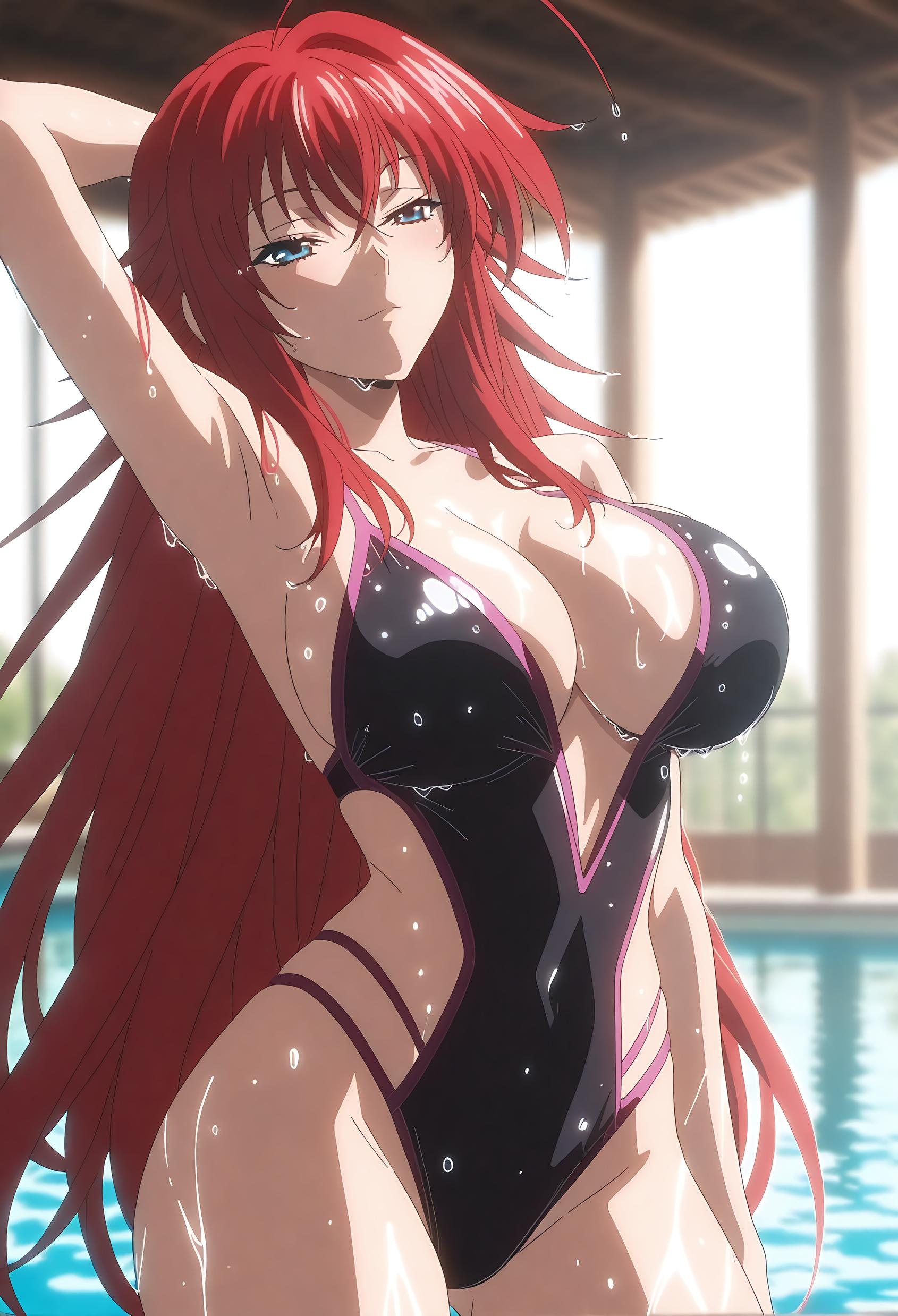 AI Generated Anime Girl - [2D] Rias Gremory Red-Haired Busty Demoness Uniform Ripped Crotch Black Stockings Ultimate Sensuality Uncensored 66P