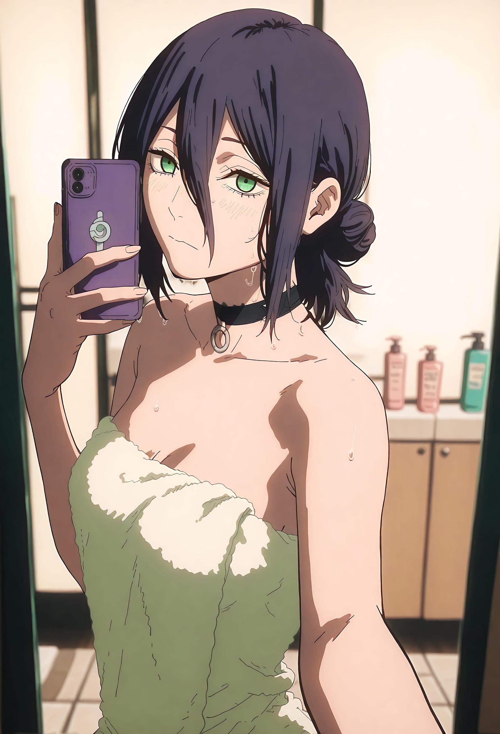 AI Generated Anime Girl - [2D] Reze (Chainsaw Man) Purple-Haired Bombshell in School Uniform, Ripped Black Stockings, Uncensored 66P