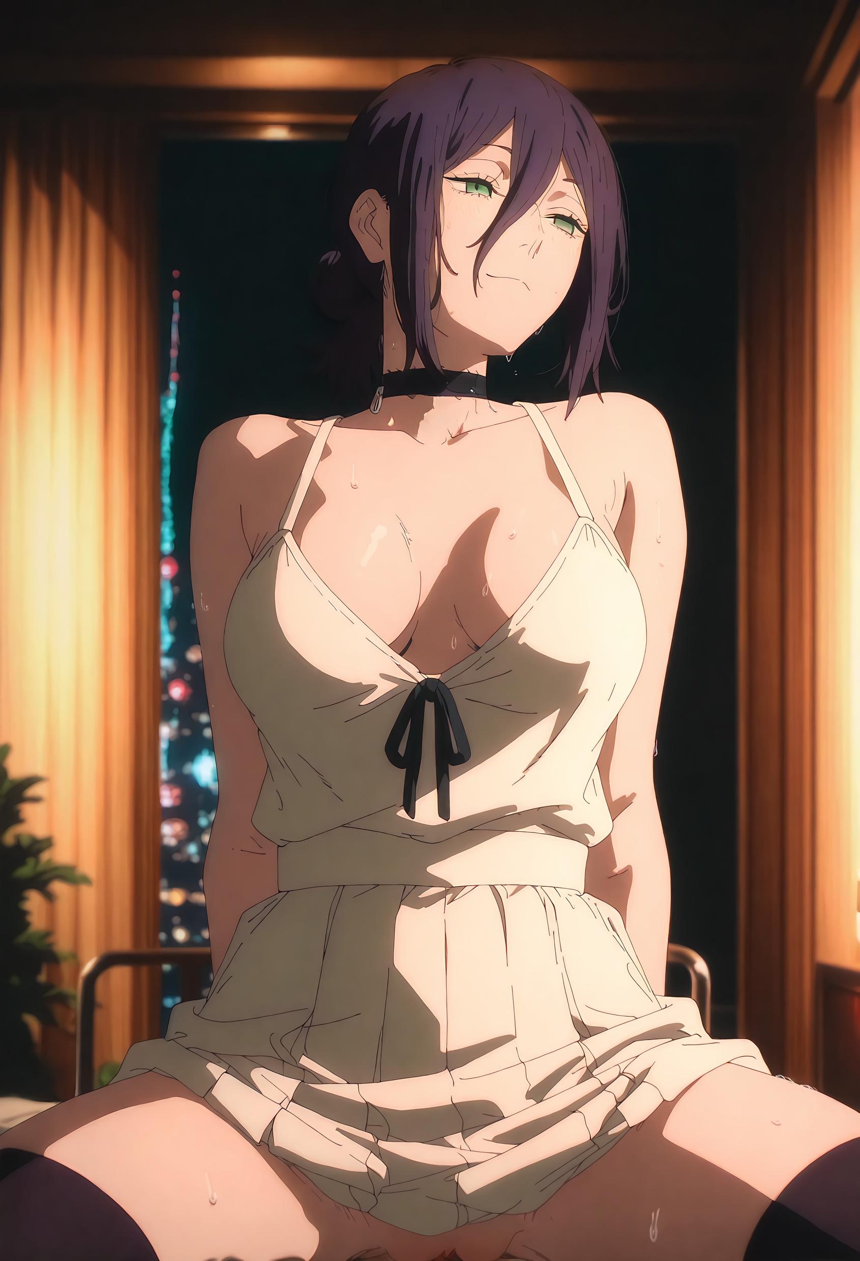 AI Generated Anime Girl - [2D] Reze (Chainsaw Man) Purple-Haired Bombshell in School Uniform, Ripped Black Stockings, Uncensored 66P
