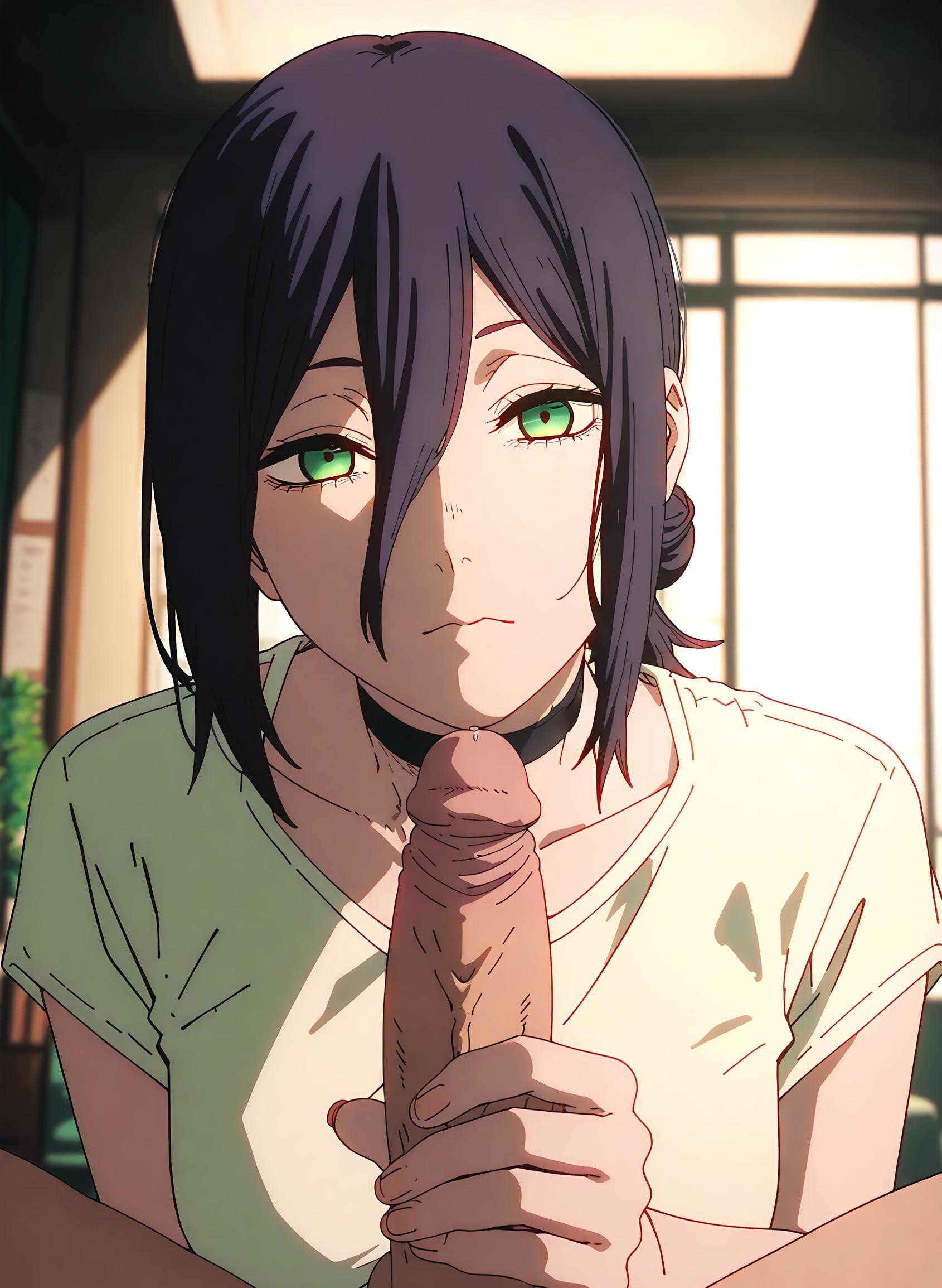 AI Generated Anime Girl - [2D] Reze (Chainsaw Man) Purple-Haired Bombshell in School Uniform, Ripped Black Stockings, Uncensored 66P