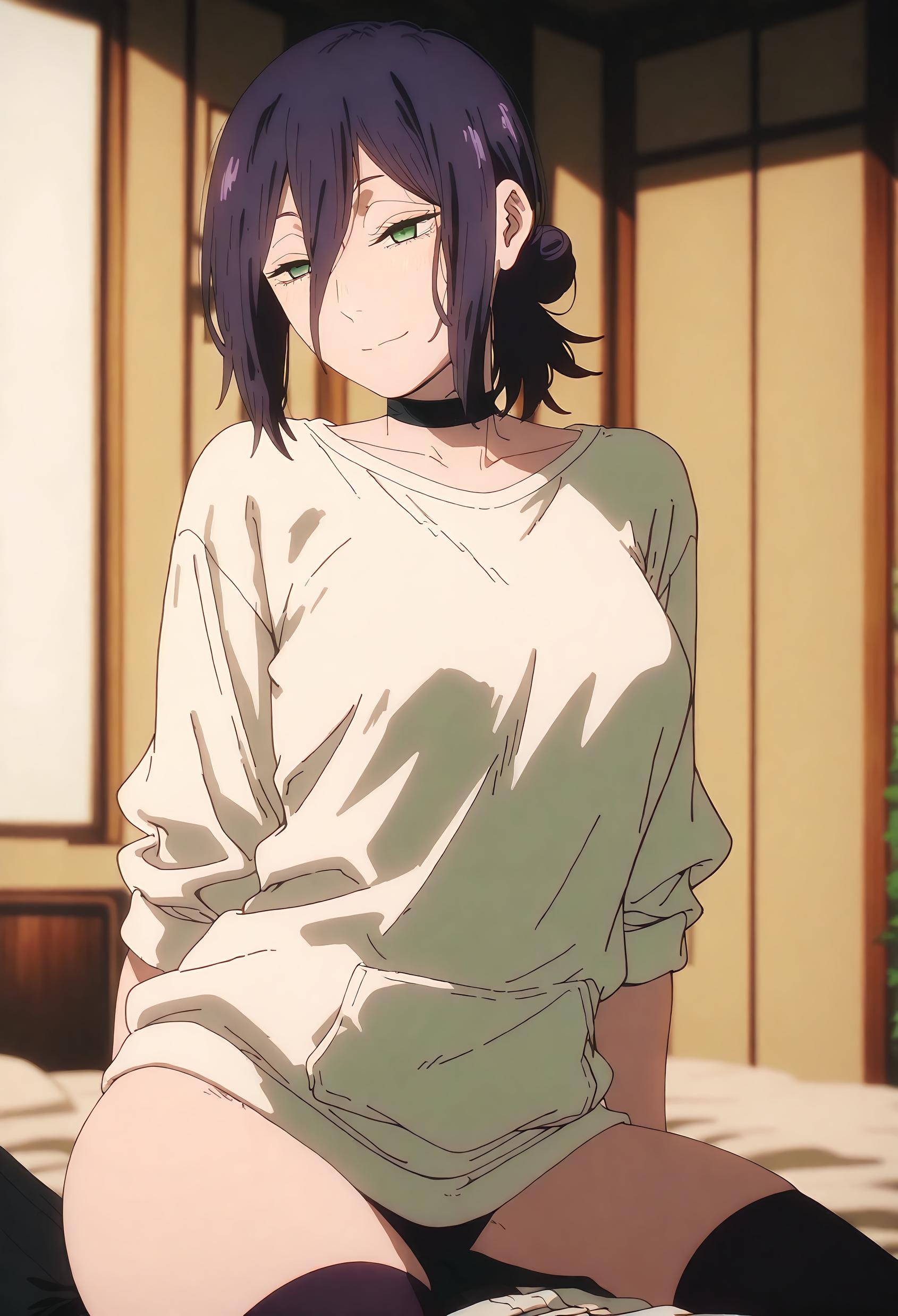 AI Generated Anime Girl - [2D] Reze (Chainsaw Man) Purple-Haired Bombshell in School Uniform, Ripped Black Stockings, Uncensored 66P