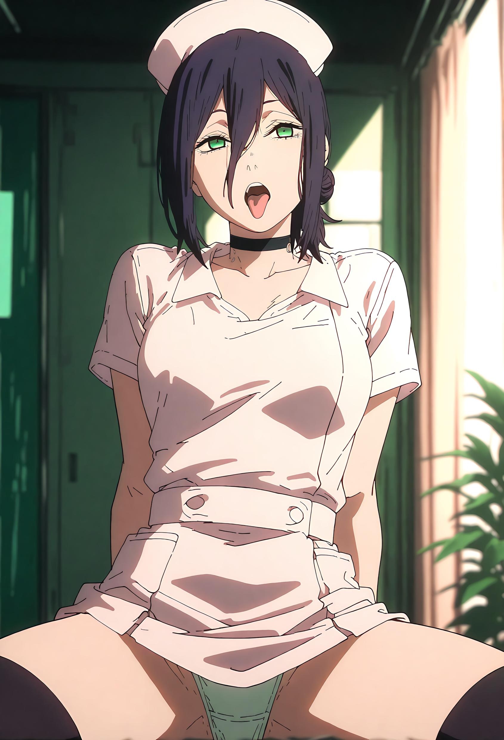 AI Generated Anime Girl - [2D] Reze (Chainsaw Man) Purple-Haired Bombshell in School Uniform, Ripped Black Stockings, Uncensored 66P