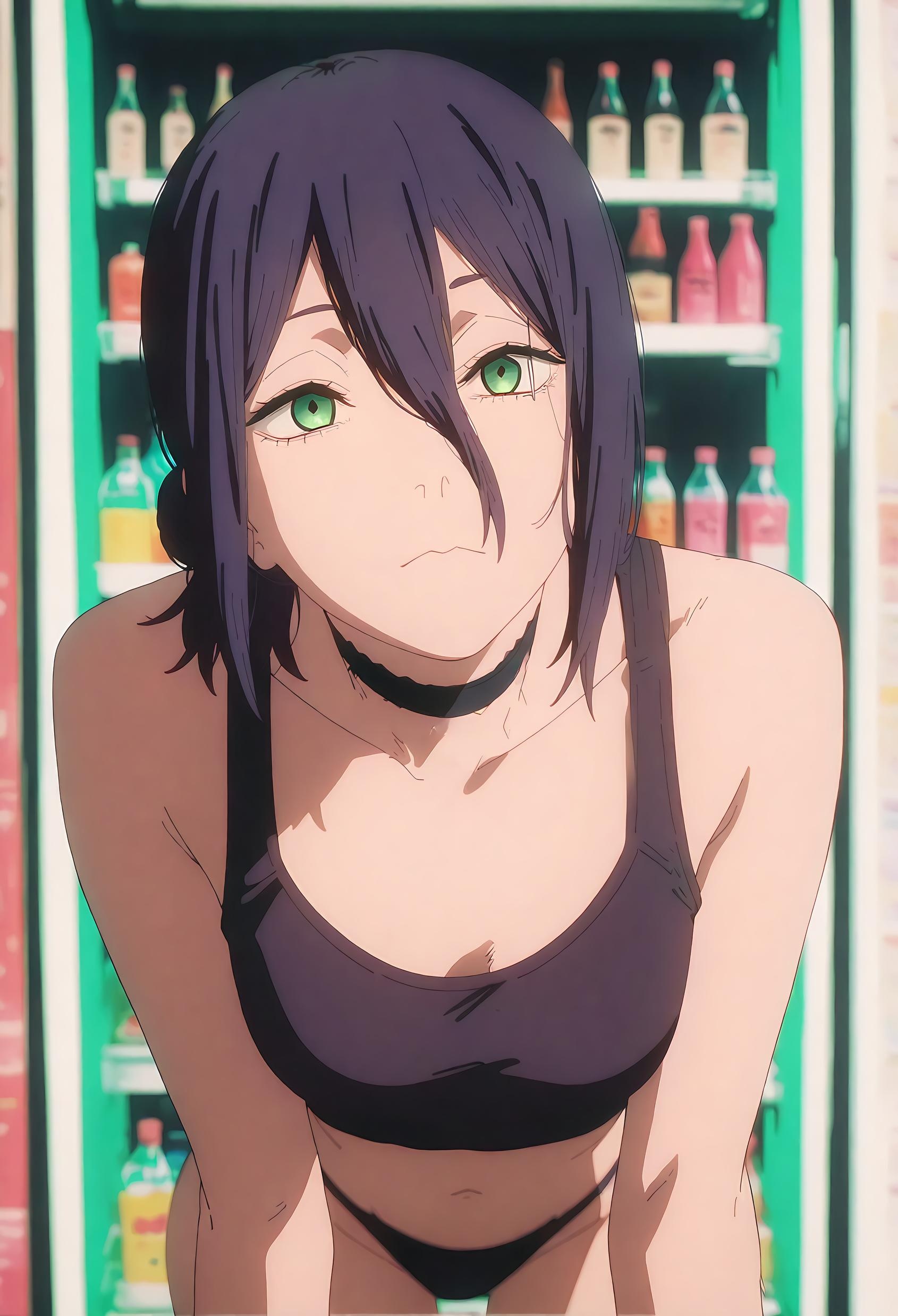AI Generated Anime Girl - [2D] Reze (Chainsaw Man) Purple-Haired Bombshell in School Uniform, Ripped Black Stockings, Uncensored 66P