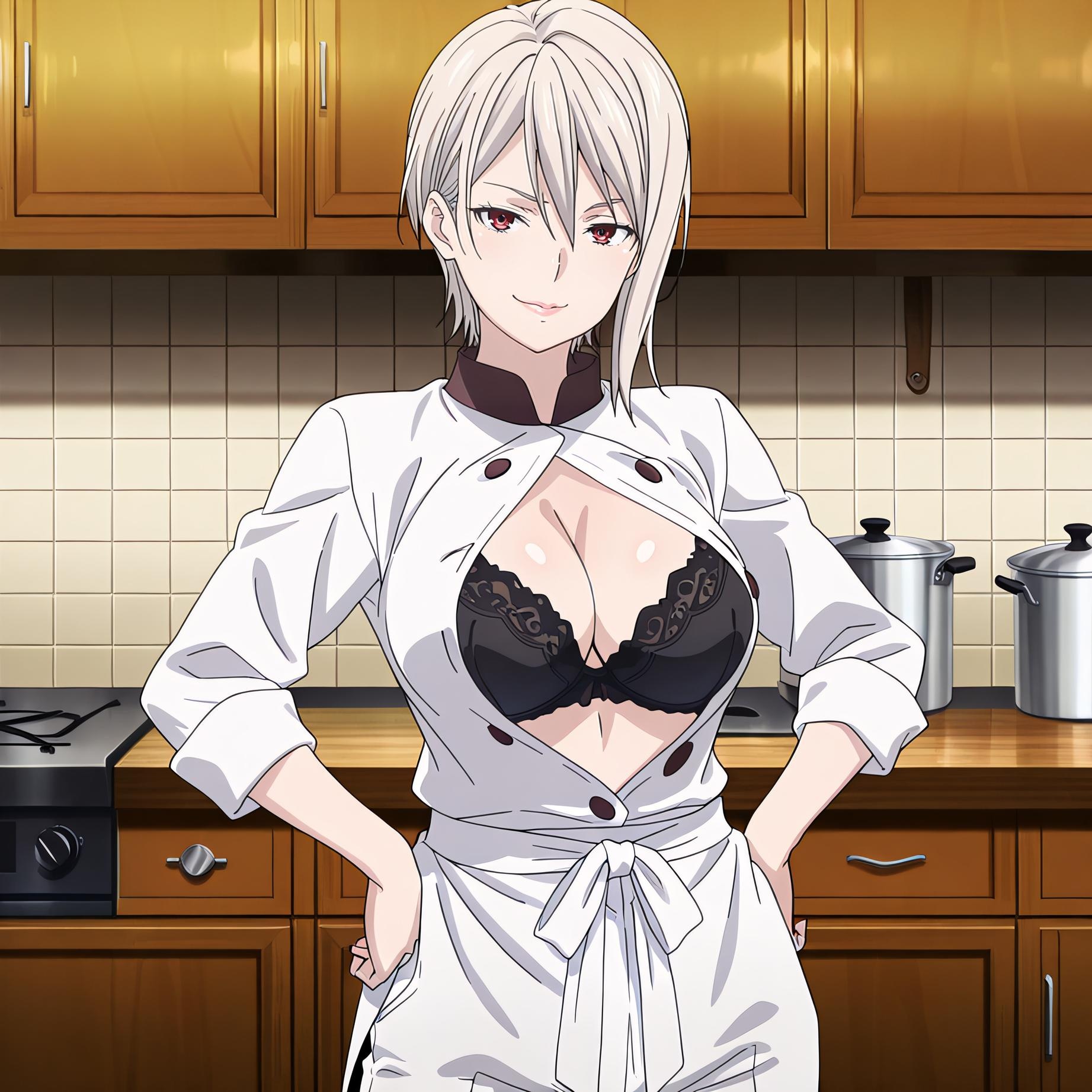 AI Generated Anime Girl - [2D] Alice Nakiri: White-Haired, Busty Culinary Heiress in a Bare Apron and Black Stockings - Uncensored 110P