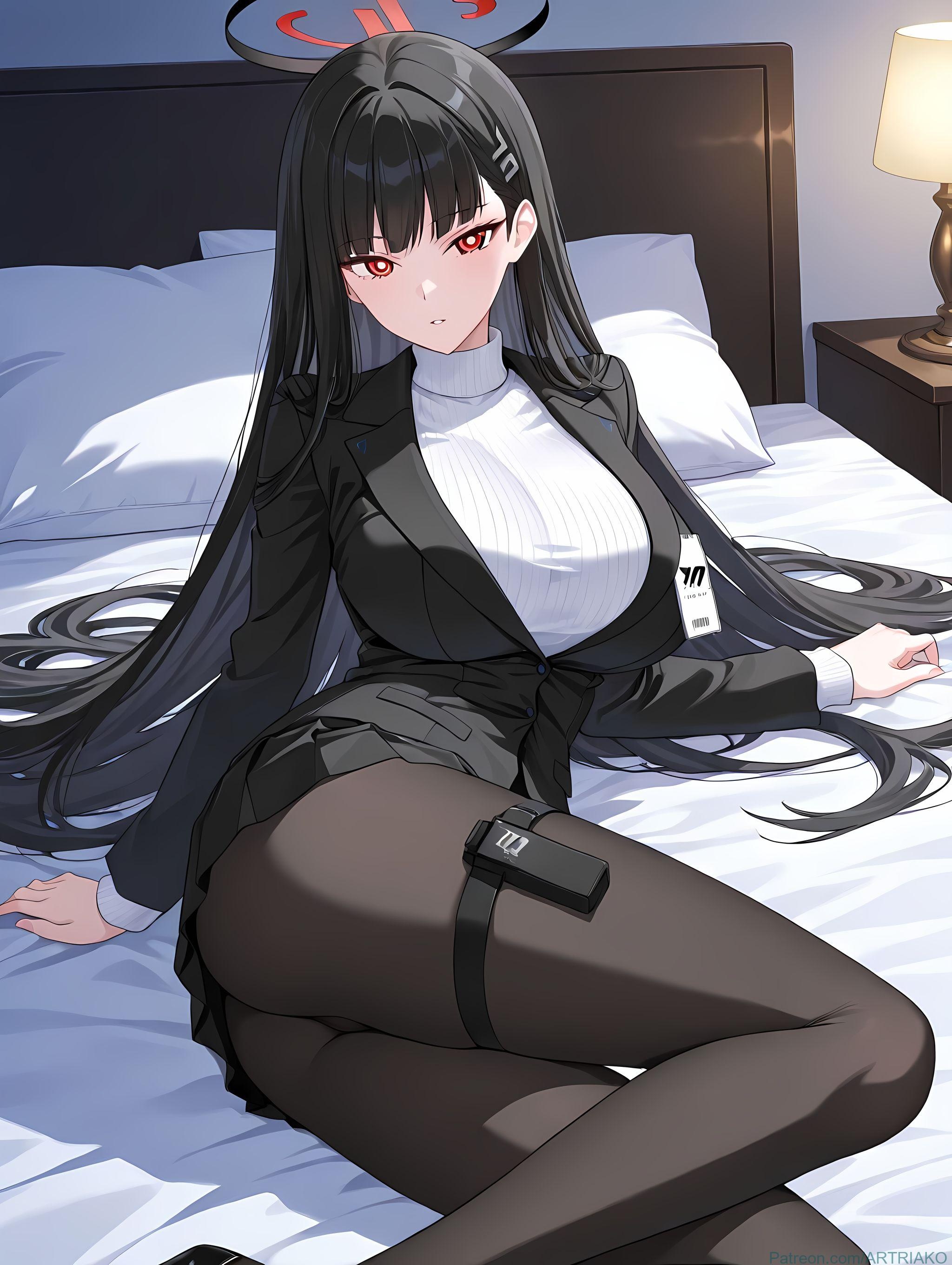 Cô Gái Anime Tạo Ra Bởi AI - [2D] 调月莉音 Tsukatsuki Rio (碧蓝档案) Chủ Tịch Hội Sinh Viên Tóc Đen Ngực Lớn, Bộ Vest Rách, Tất Đen, Cảm Giác Mạnh Mẽ 412P