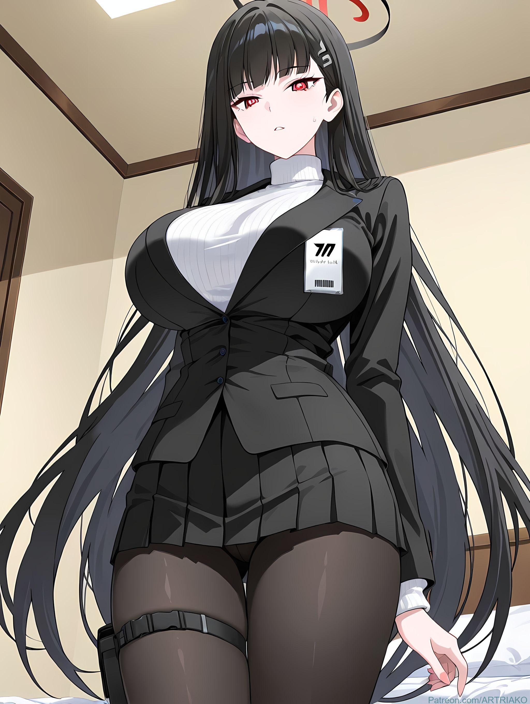Cô Gái Anime Tạo Ra Bởi AI - [2D] 调月莉音 Tsukatsuki Rio (碧蓝档案) Chủ Tịch Hội Sinh Viên Tóc Đen Ngực Lớn, Bộ Vest Rách, Tất Đen, Cảm Giác Mạnh Mẽ 412P