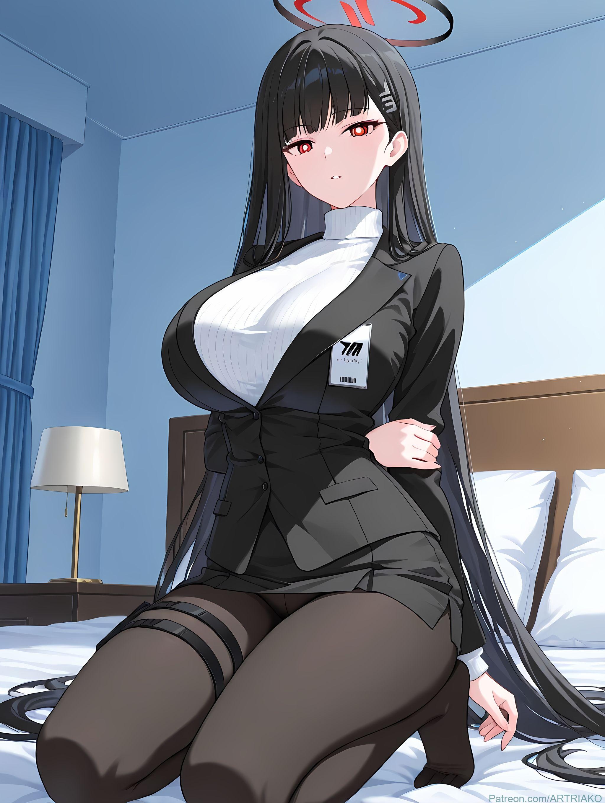 Cô Gái Anime Tạo Ra Bởi AI - [2D] 调月莉音 Tsukatsuki Rio (碧蓝档案) Chủ Tịch Hội Sinh Viên Tóc Đen Ngực Lớn, Bộ Vest Rách, Tất Đen, Cảm Giác Mạnh Mẽ 412P