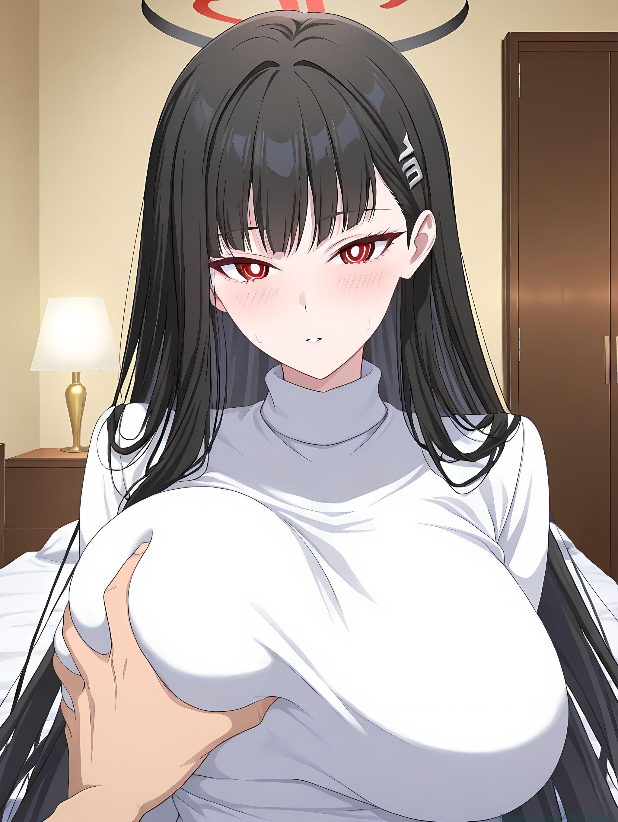 AI Generated Anime Girl - [2D] 调月莉音 Tsukatsuki Rio (碧蓝档案) 黑发巨乳学生会长 西服撕裂开档黑丝 极致肉感无修正 412P
