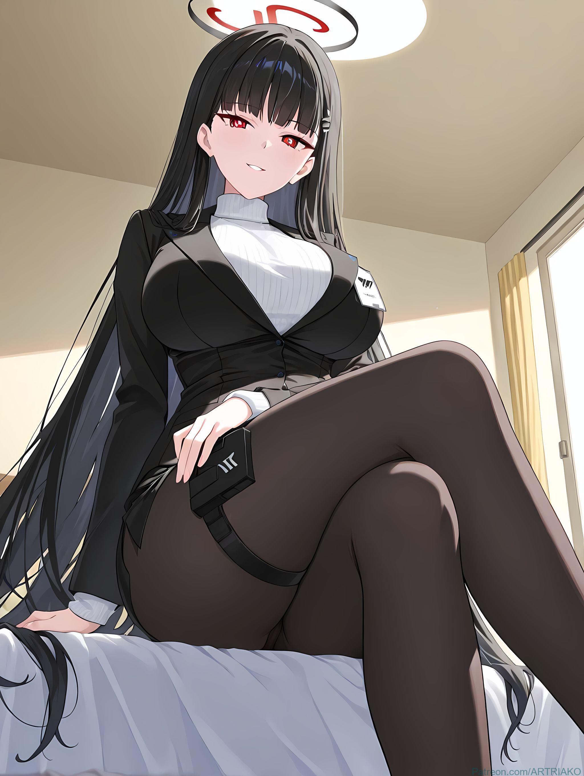 AI Generated Anime Girl - [2D] Tsukatsuki Rio (Blue Archive) Black-Haired Busty Student Council President in Torn Suit and Stockings - Ultimate Sensuality Uncensored 412P