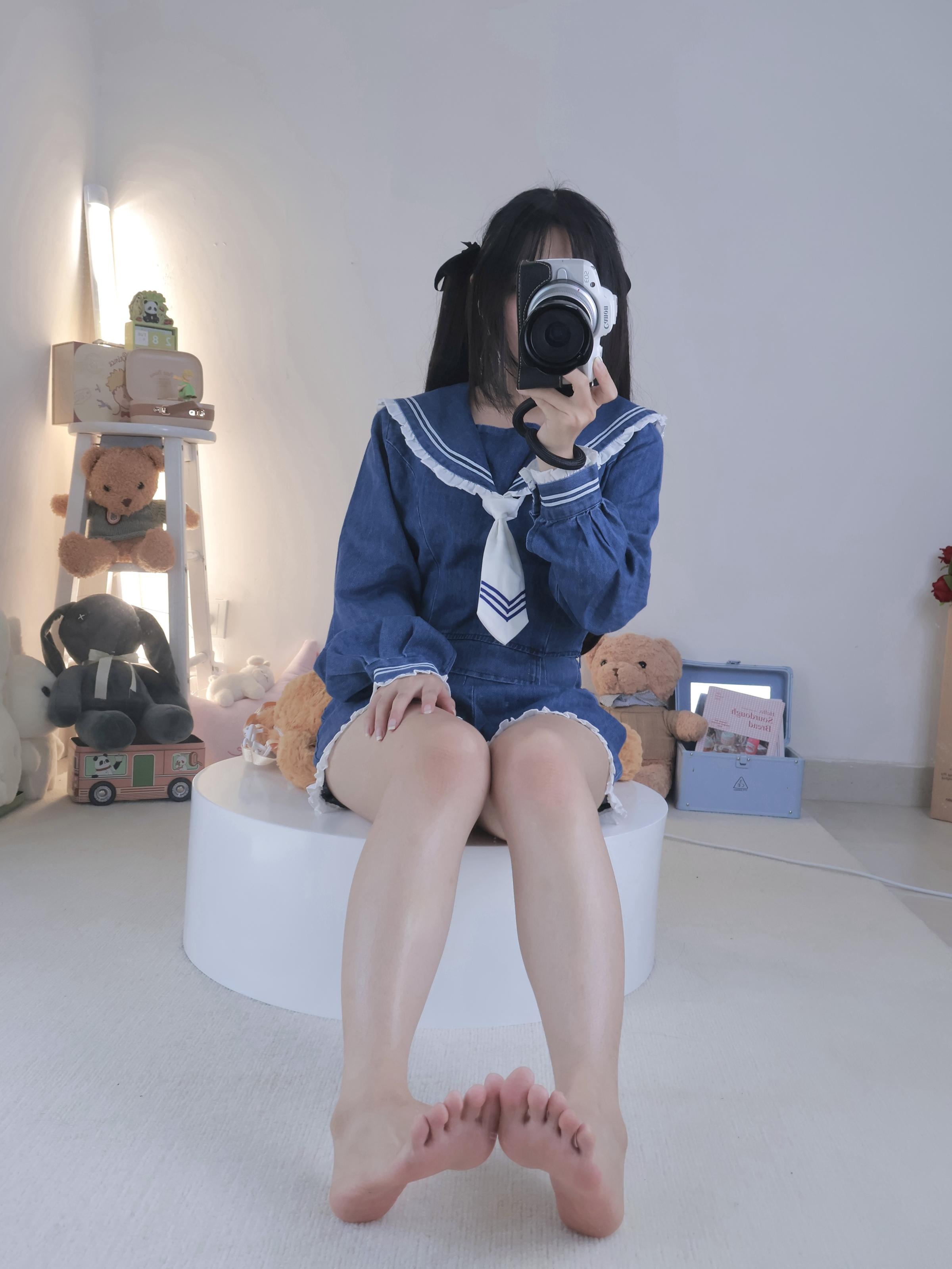 小羊蛋卷 - 背帯パンツ＋白ストッキングデニムセーラー 22P1V