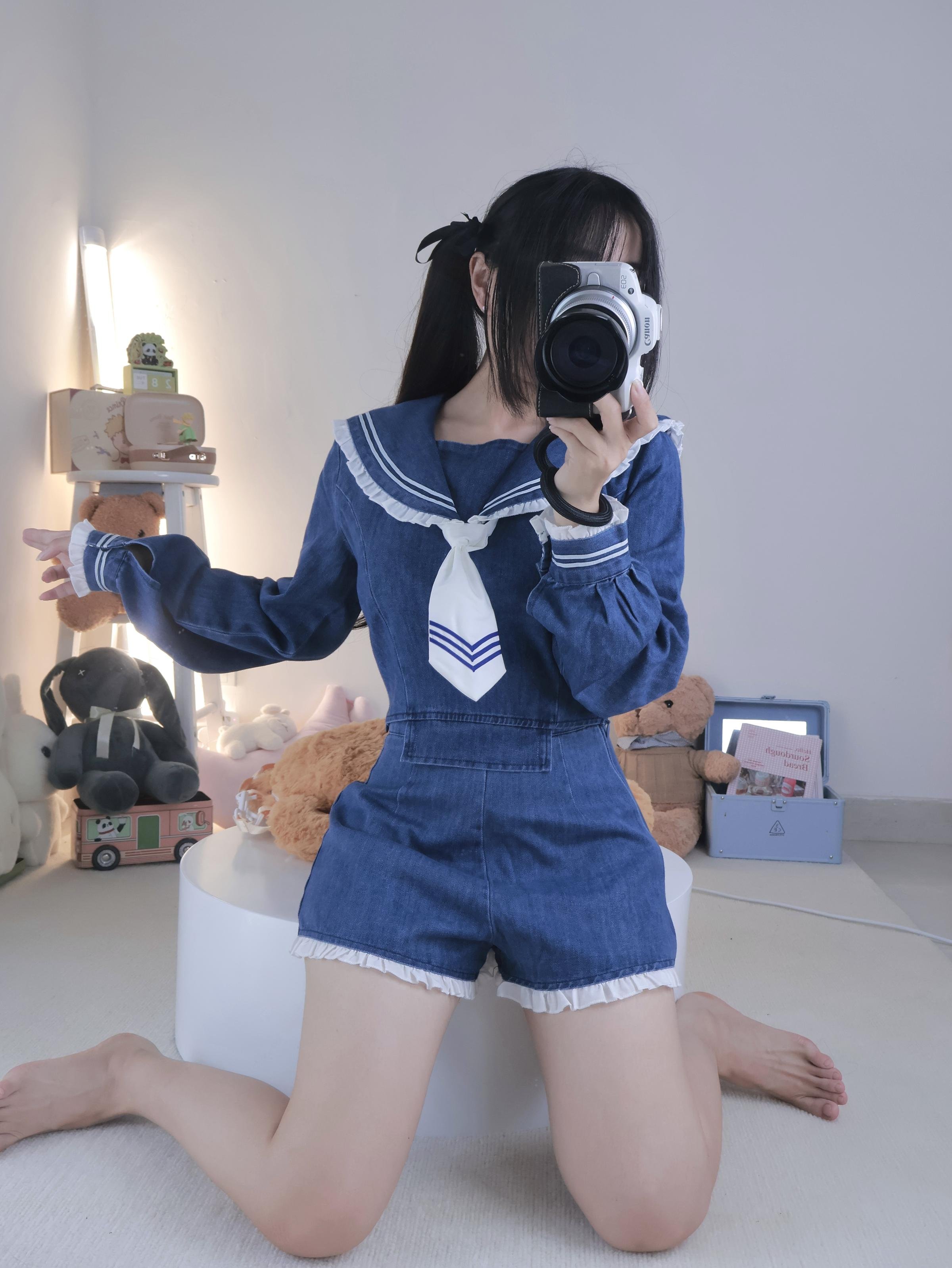 小羊蛋卷 - 背帯パンツ＋白ストッキングデニムセーラー 22P1V