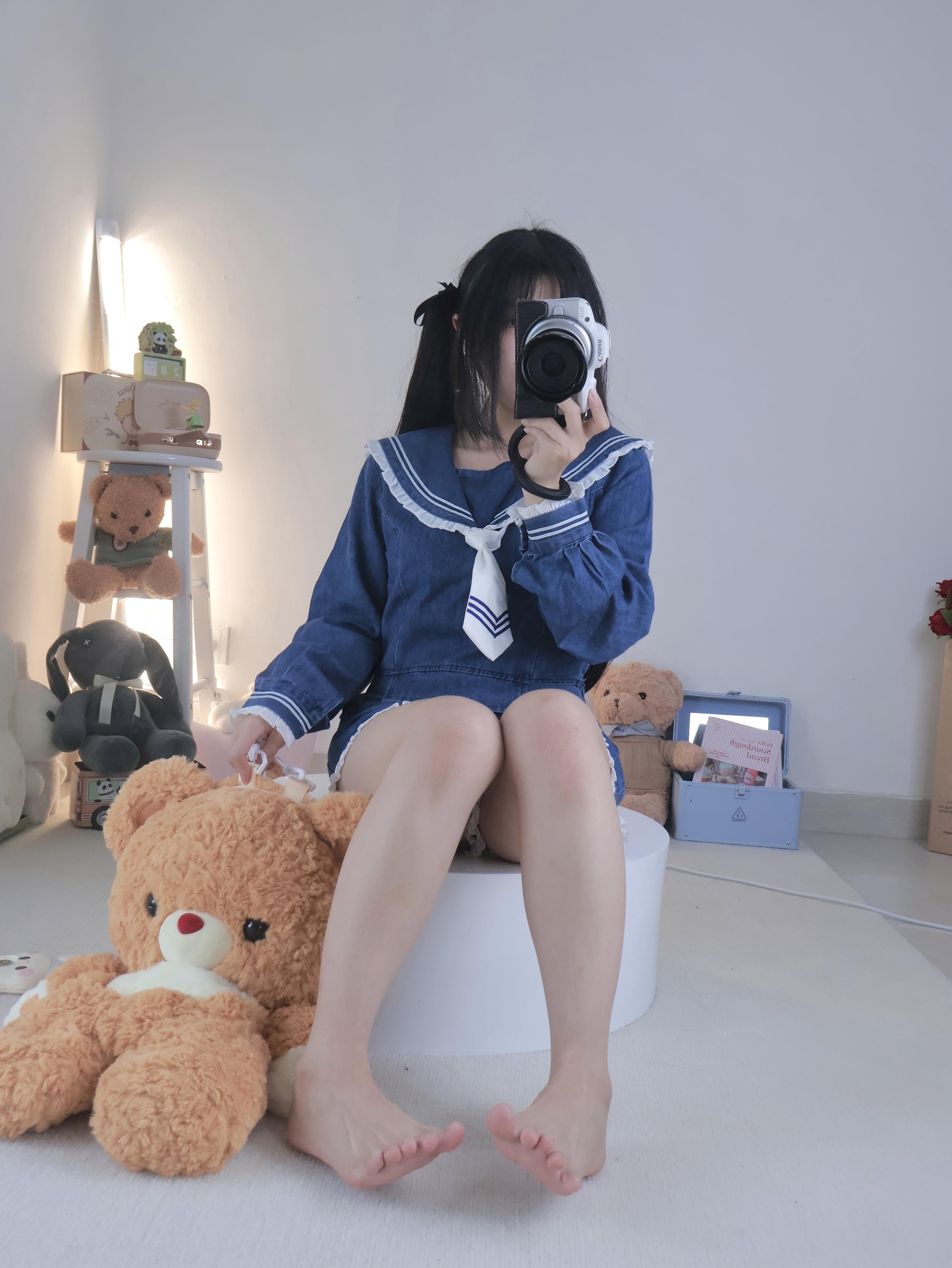 小羊蛋卷 - 背帯パンツ＋白ストッキングデニムセーラー 22P1V