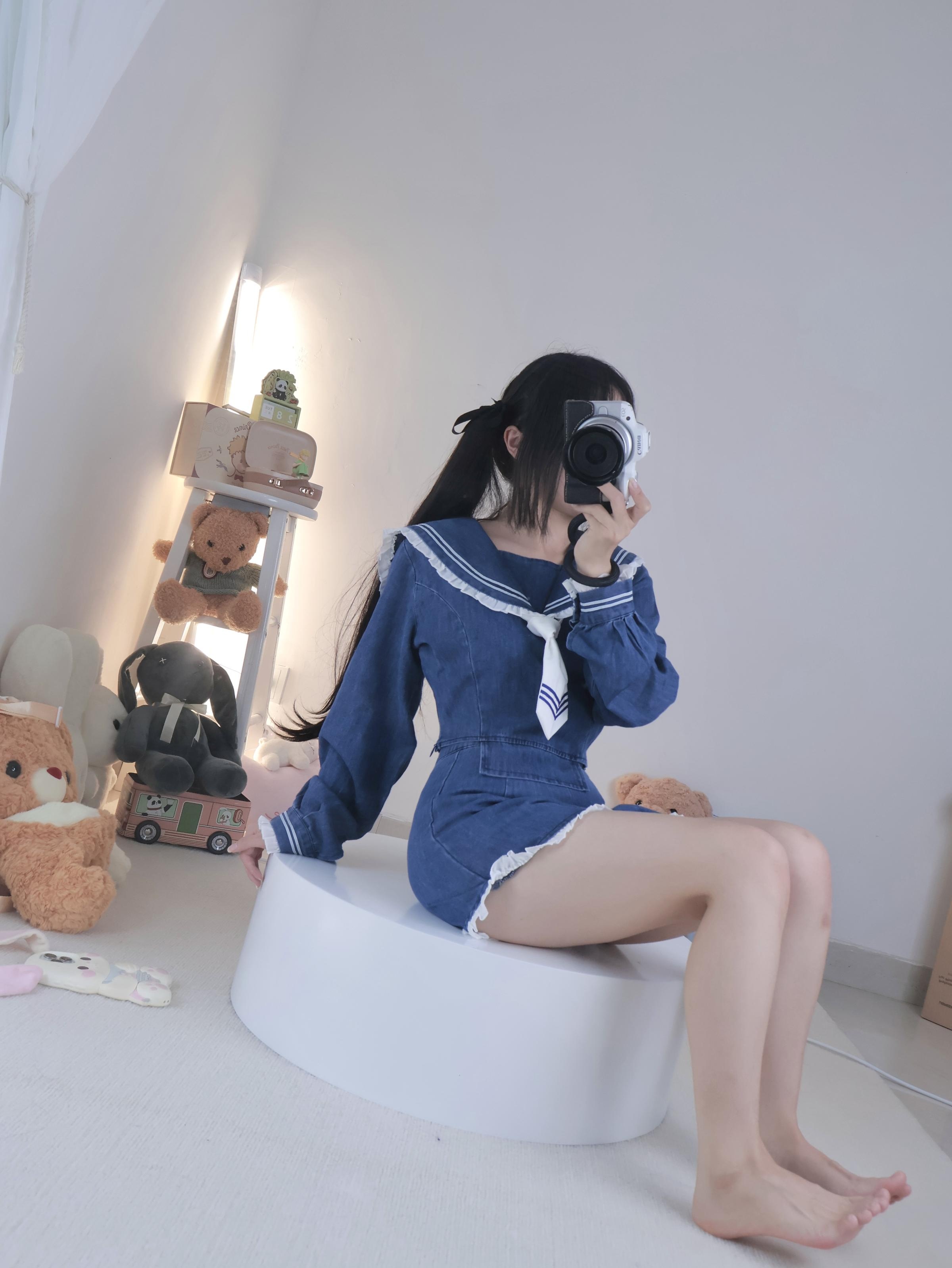 小羊蛋卷 - 背帯パンツ＋白ストッキングデニムセーラー 22P1V