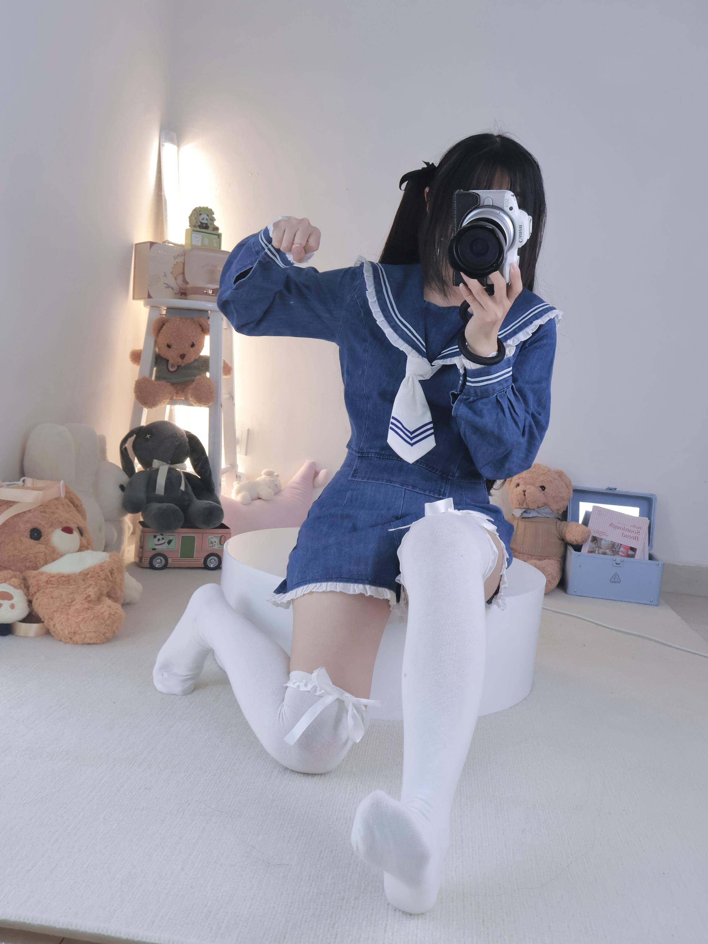 小羊蛋卷 - 背帯パンツ＋白ストッキングデニムセーラー 22P1V
