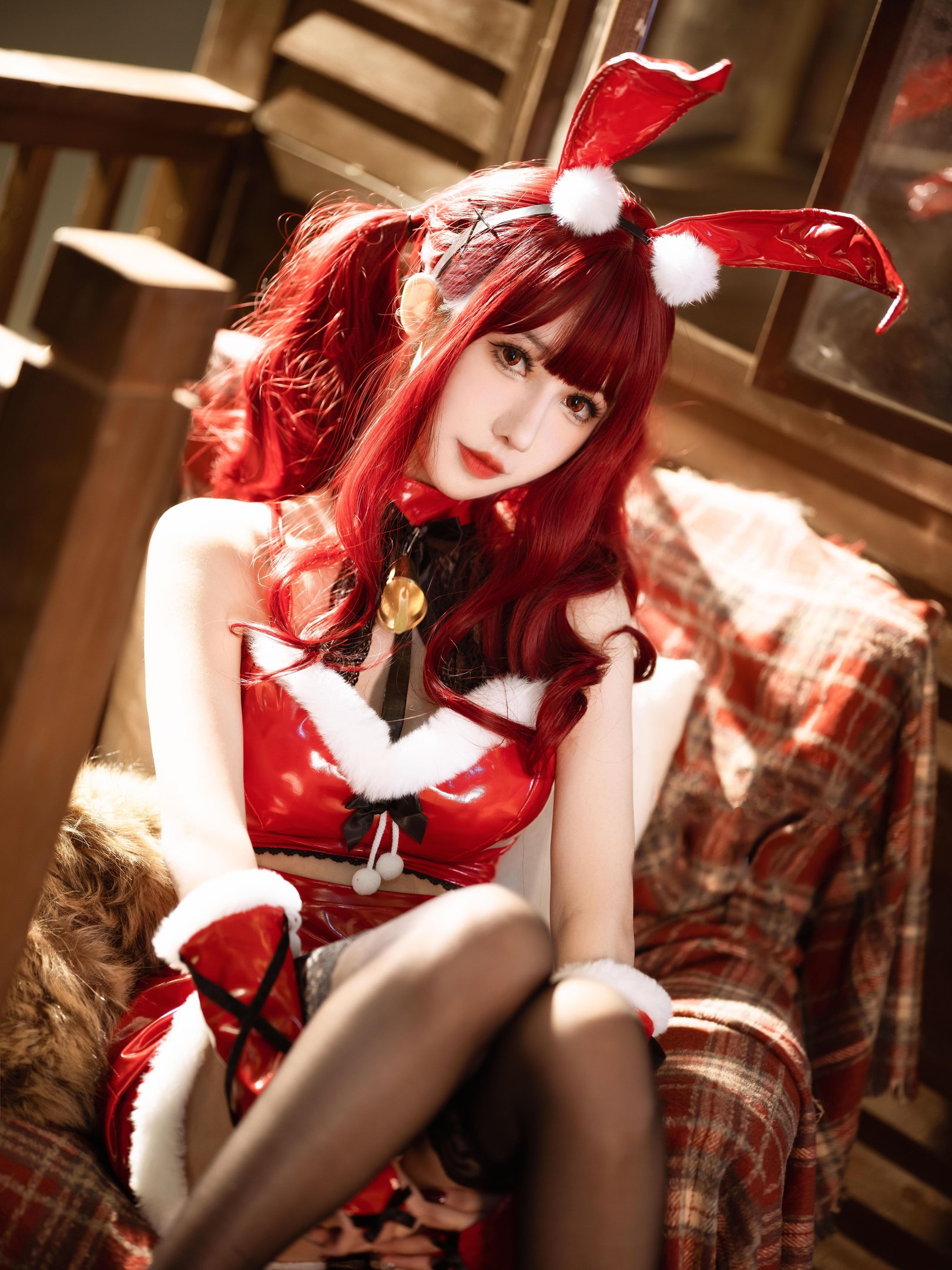 Cosplay] Fairy Moon - Red Christmas Bunny: Realistic Christmas Bunny Girl in Red Outfit, Black Stockings, High Heels, Unedited Tempting Poses, 32P