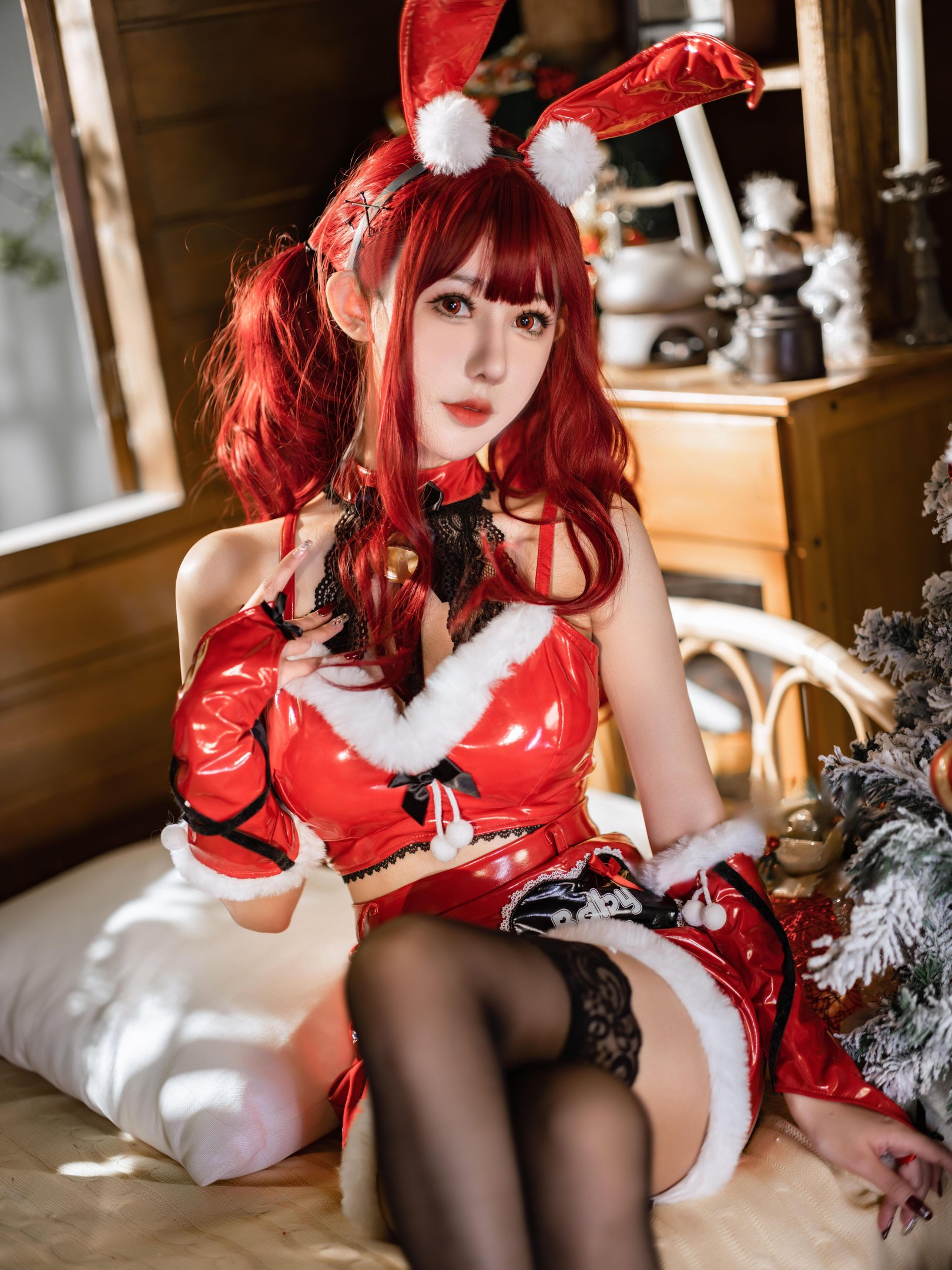Cosplay] Fairy Moon - Red Christmas Bunny: Realistic Christmas Bunny Girl in Red Outfit, Black Stockings, High Heels, Unedited Tempting Poses, 32P