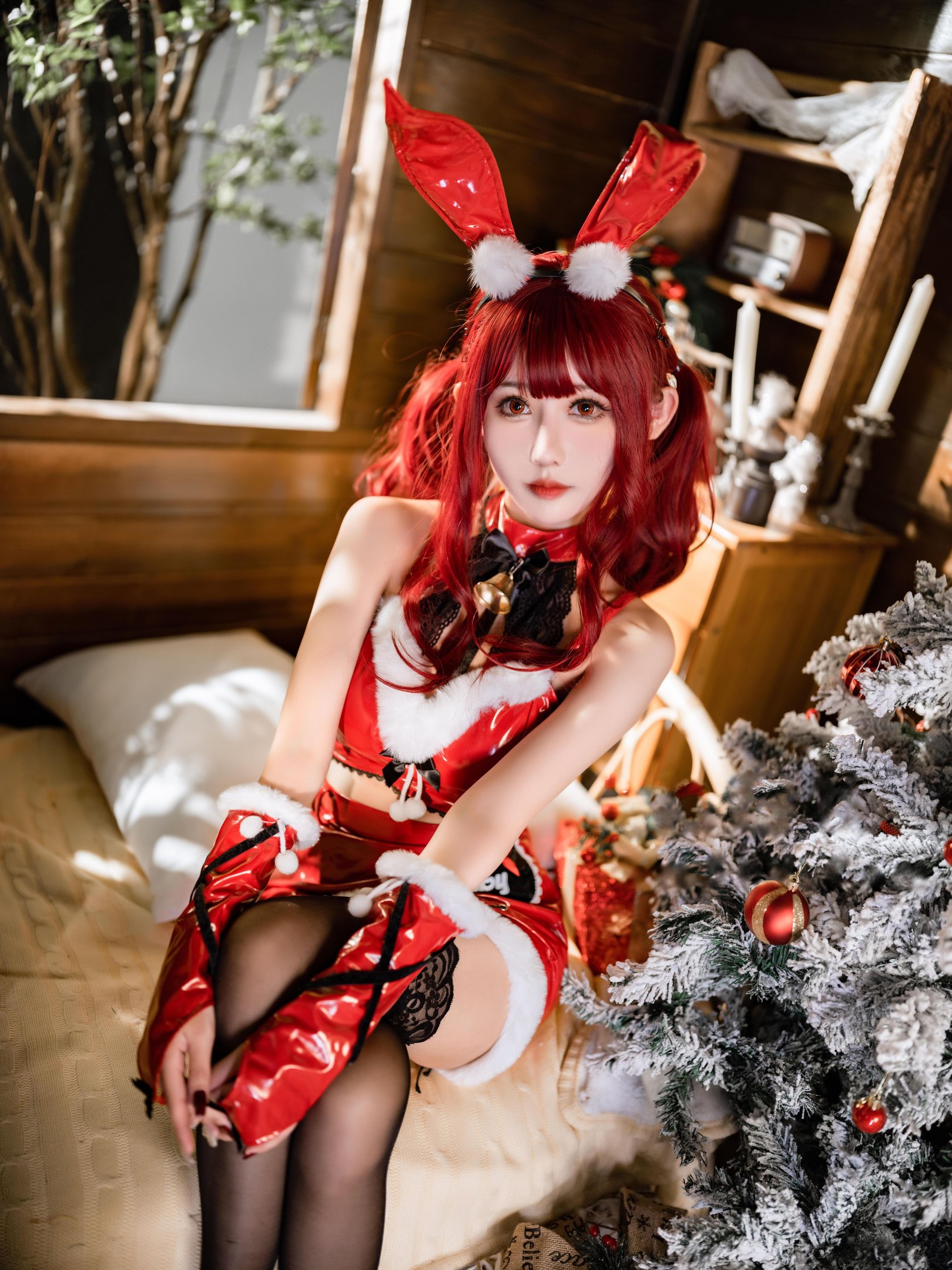 Cosplay] Fairy Moon - Red Christmas Bunny: Realistic Christmas Bunny Girl in Red Outfit, Black Stockings, High Heels, Unedited Tempting Poses, 32P