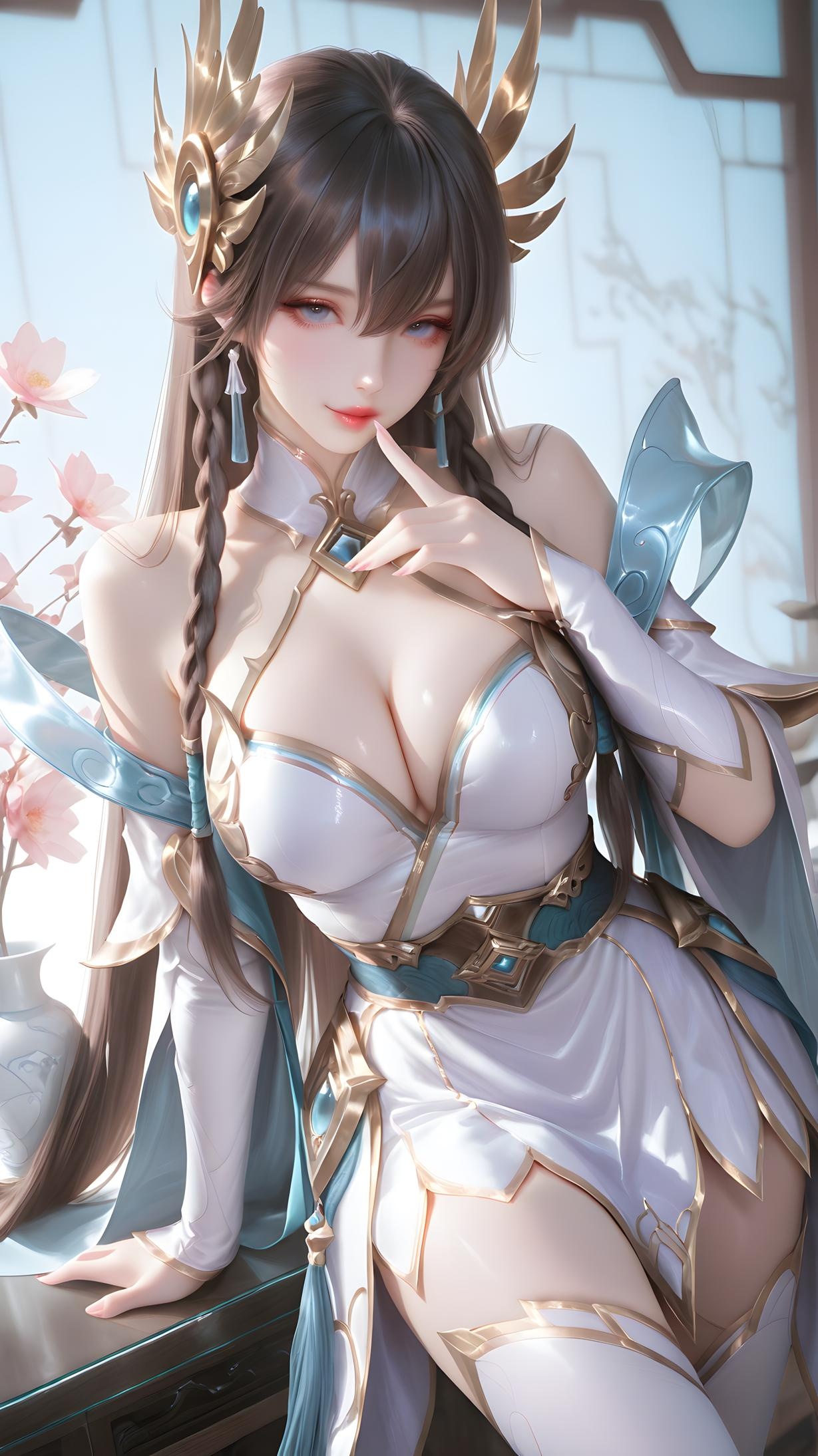 AI 생성 애니메이션 소녀 - 아이렐리아: 흰색 긴 머리, 파란 눈, 거유 다채로운 캐릭터 학생 간호사 메이드 토끼 의상 체조복 가죽 투명 에이프런, 리그 오브 레전드 칼날 장비 유혹 143P
