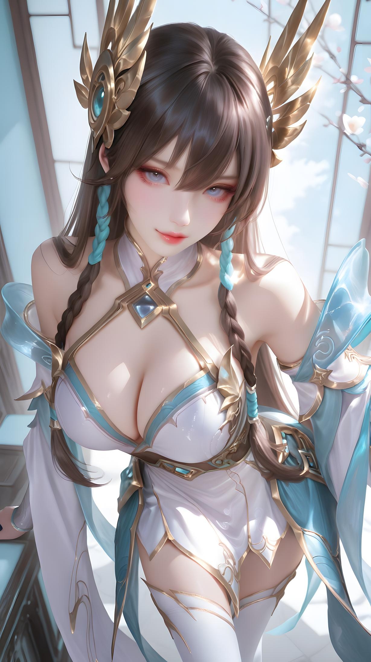 AI 생성 애니메이션 소녀 - 아이렐리아: 흰색 긴 머리, 파란 눈, 거유 다채로운 캐릭터 학생 간호사 메이드 토끼 의상 체조복 가죽 투명 에이프런, 리그 오브 레전드 칼날 장비 유혹 143P